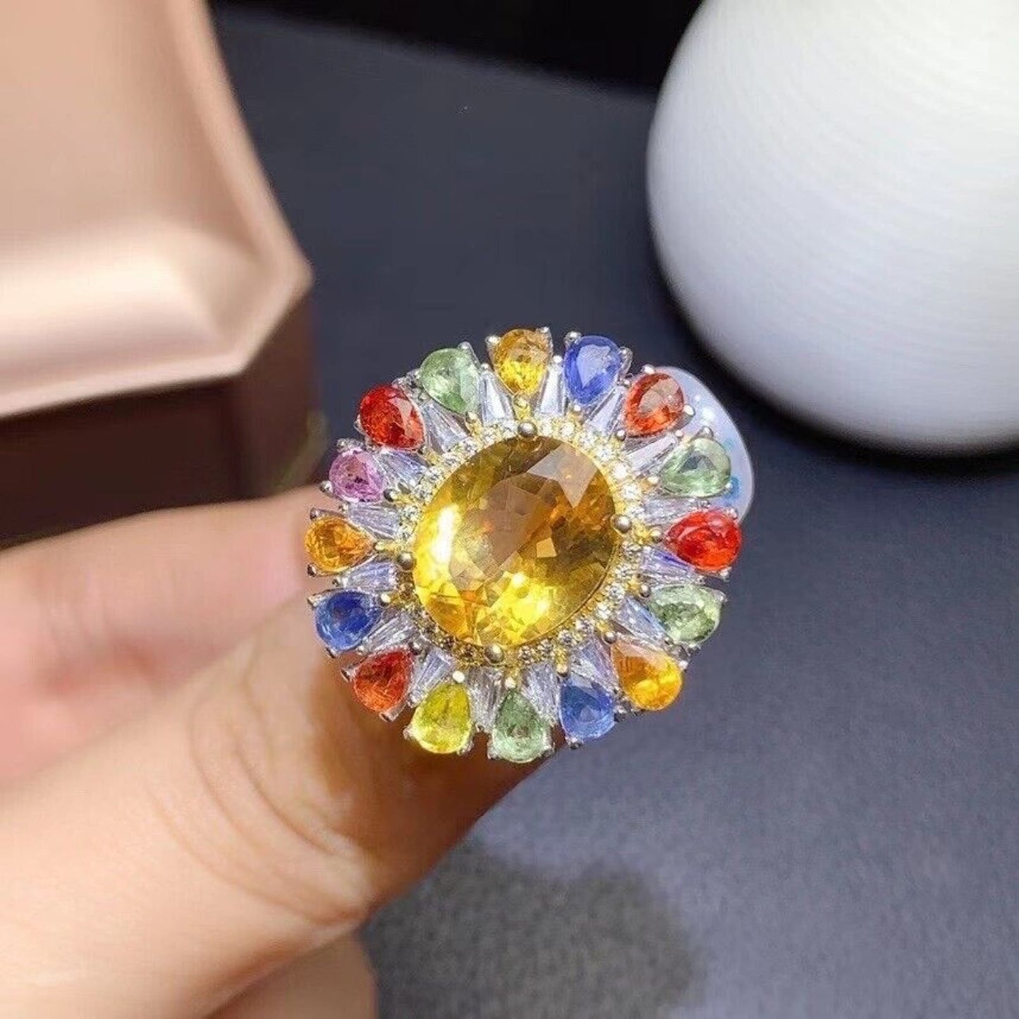 Natural Citrine and Sapphire Gemstone Ring, Colorful Citrine and Sapphire Ring