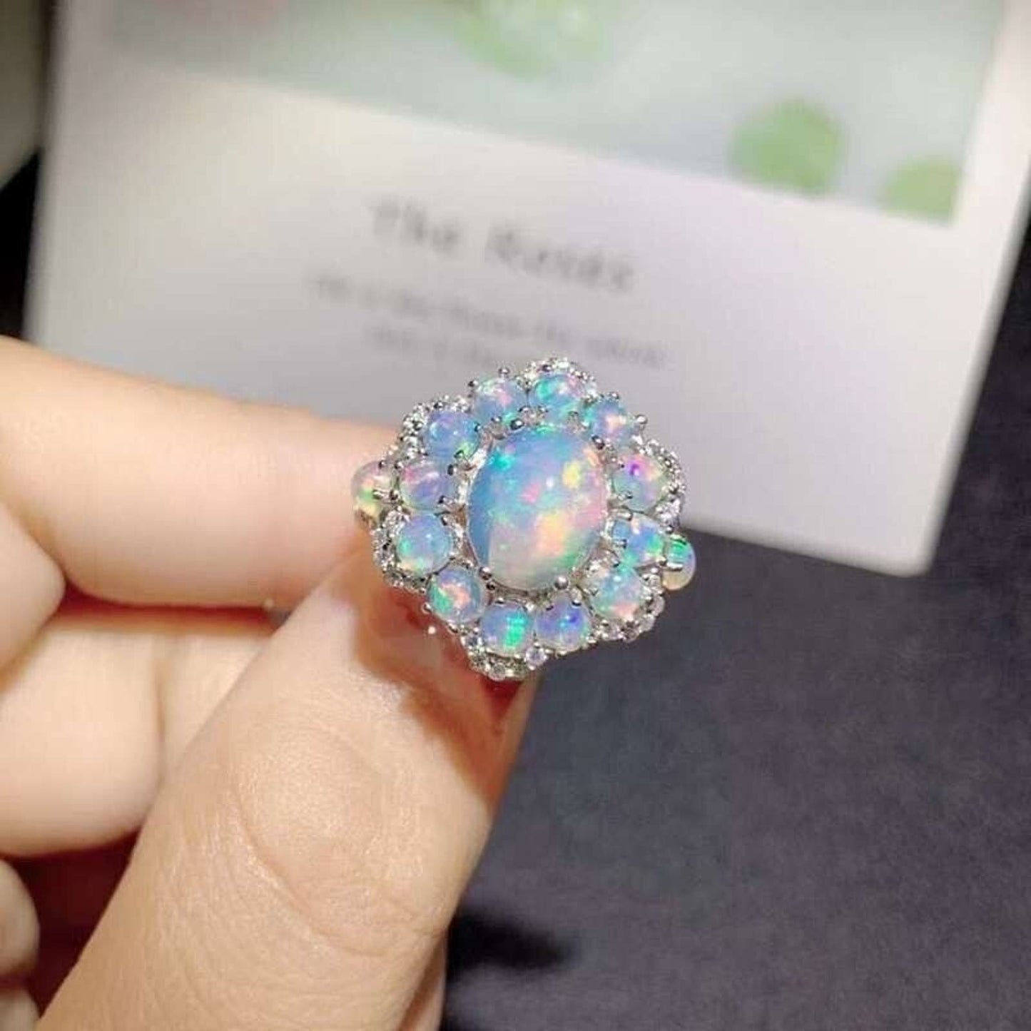 Fire Opal Flower Cluster Statement Ring 925 Sterling Silver