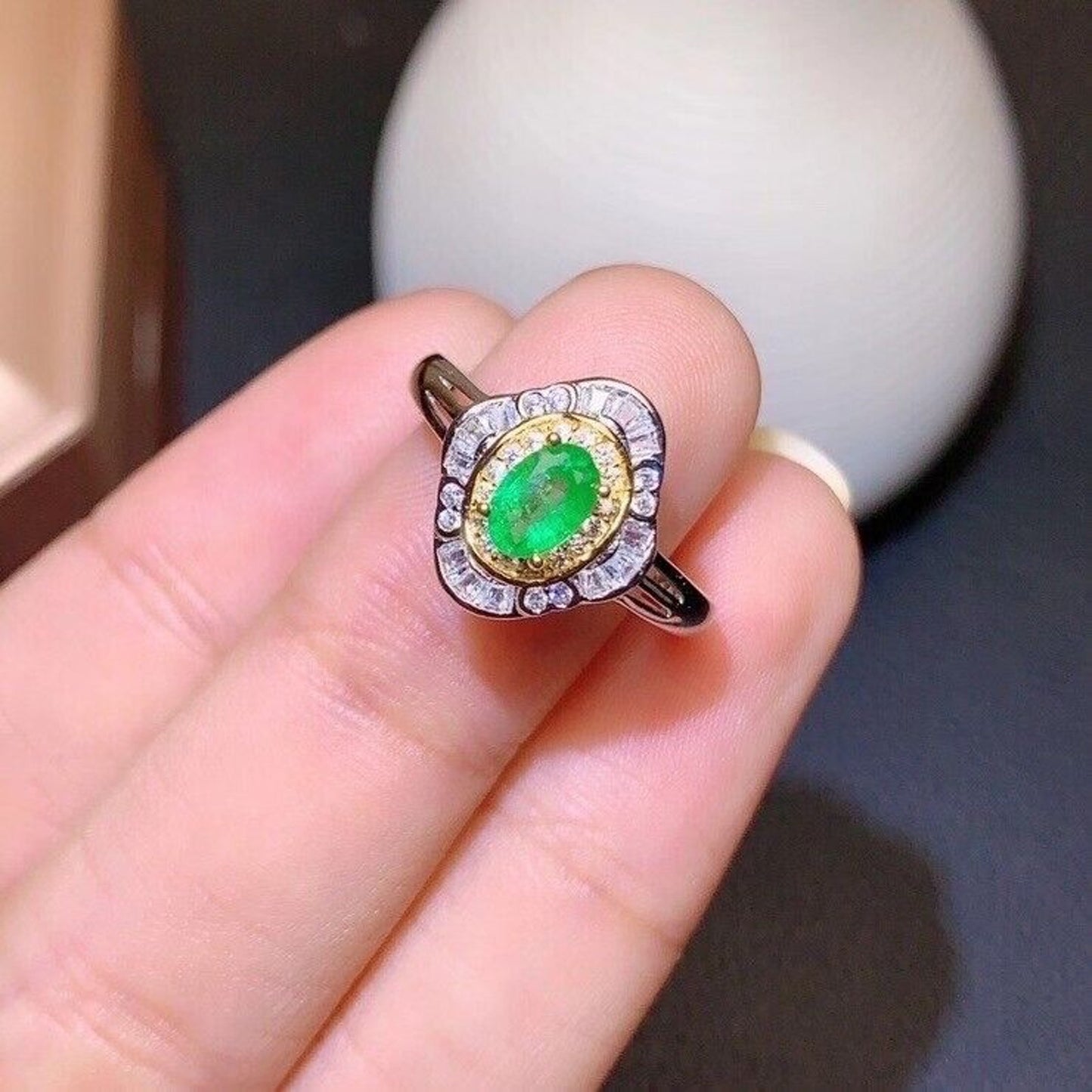 Emerald Cocktail Ring 4x6mm Two Tone Sterling Silver