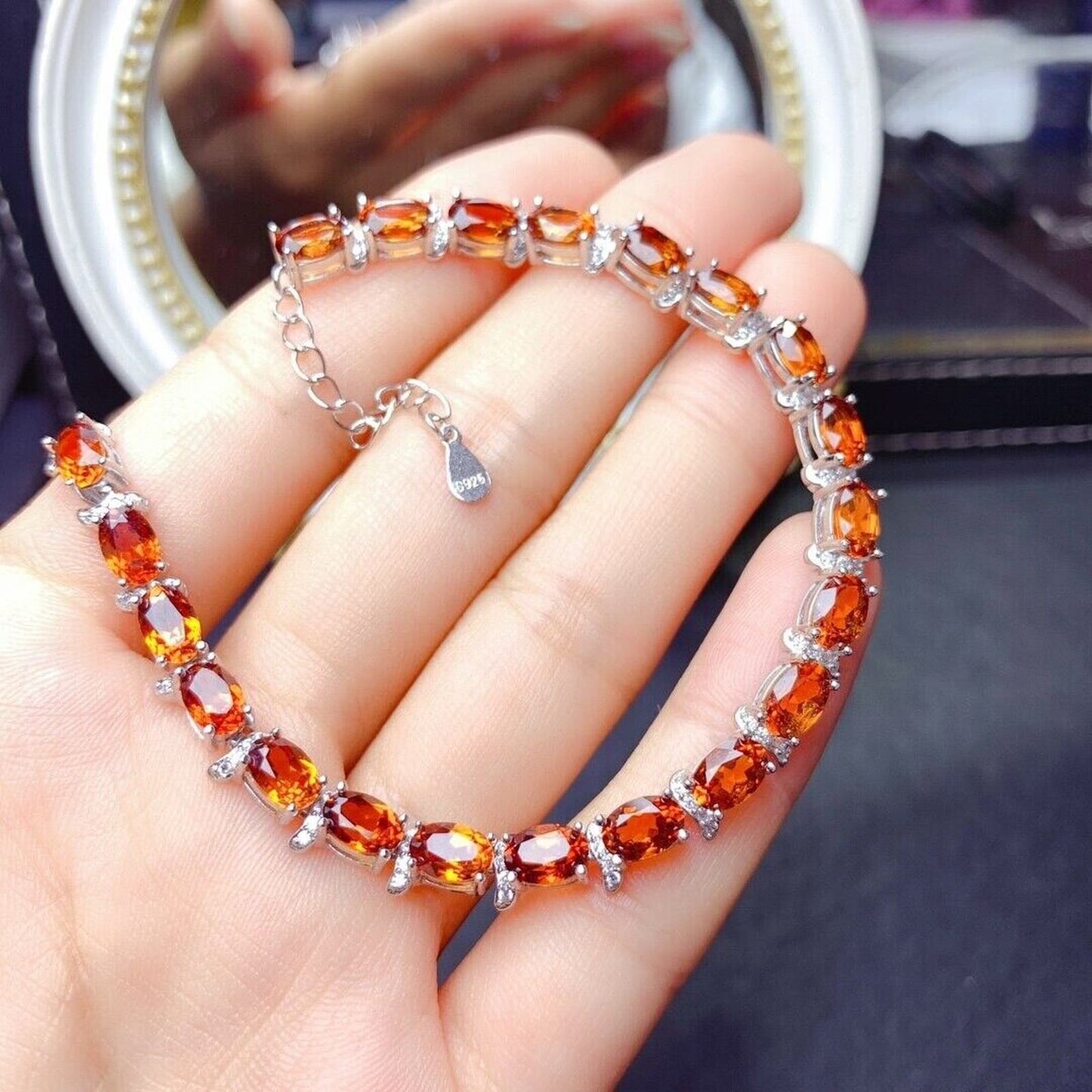 Orange Garnet Oval Cut Tennis Bracelet 4x6mm Platinum Plated