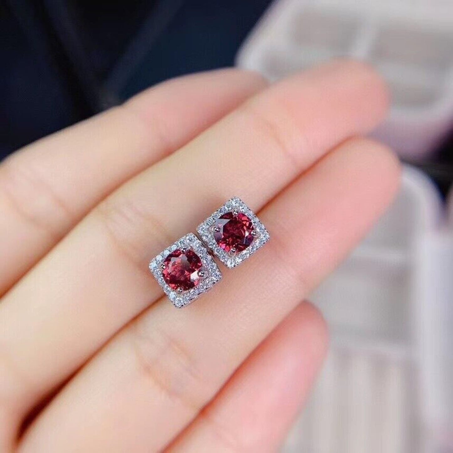 Red Garnet Stud Earrings 5mm Platinum Plated