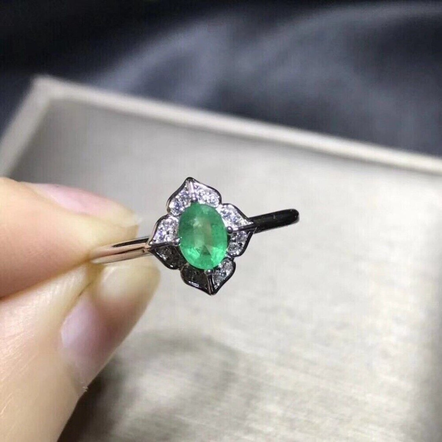 Dainty Emerald Gemstone Ring 4x5mm Sterling Silver