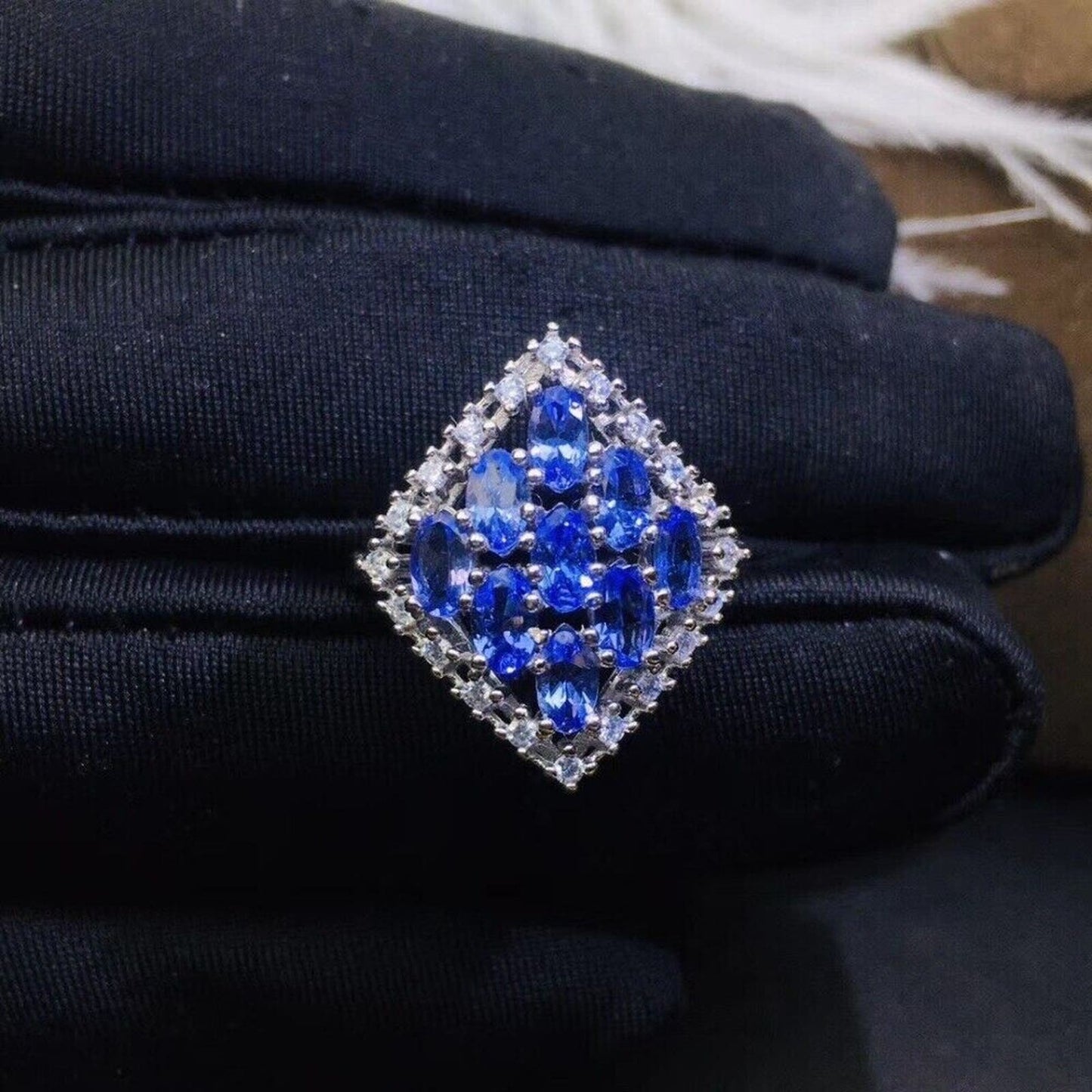 Tanzanite Diamond Shape Statement Ring VVS1 Platinum Plated