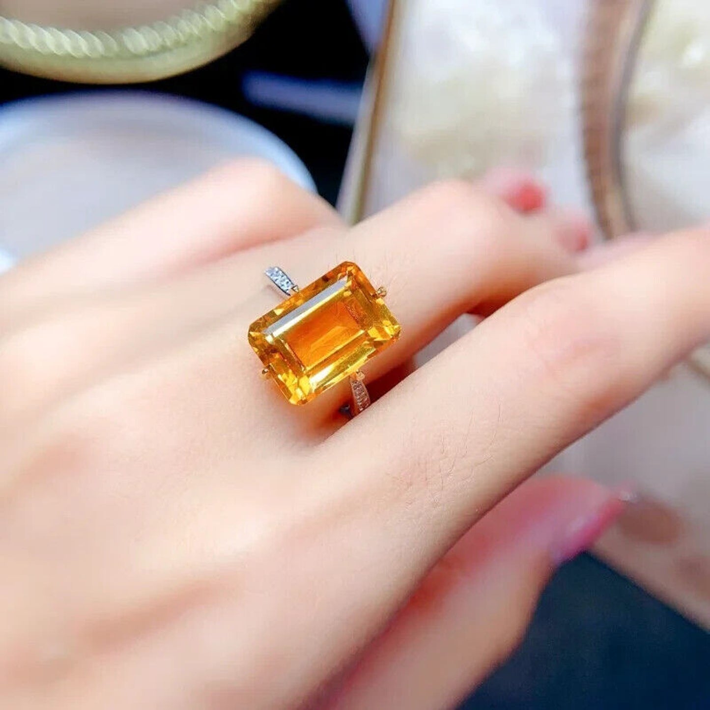 Natural Citrine Gemstone Ring 10x14mm Sterling Silver