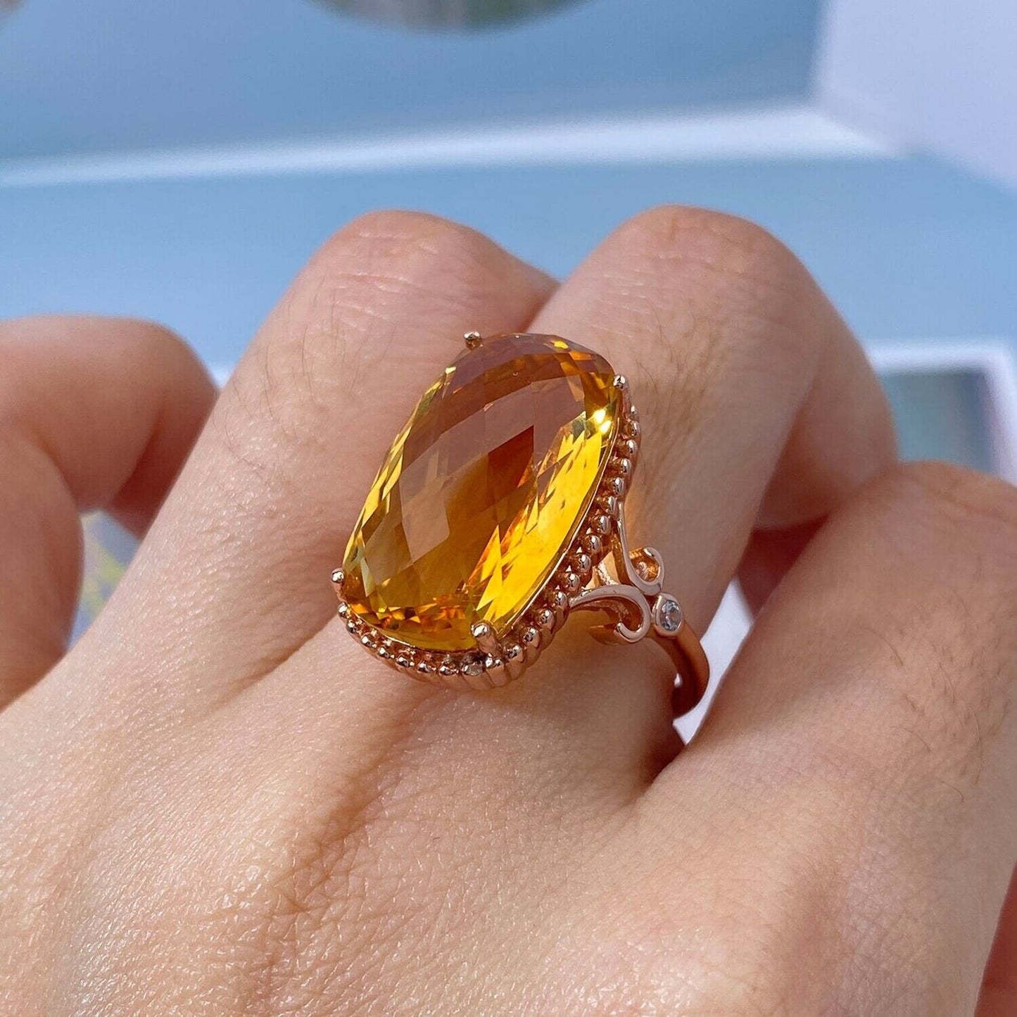 Large Citrine Gemstone Statement Ring 11.7 Carats Rose Gold