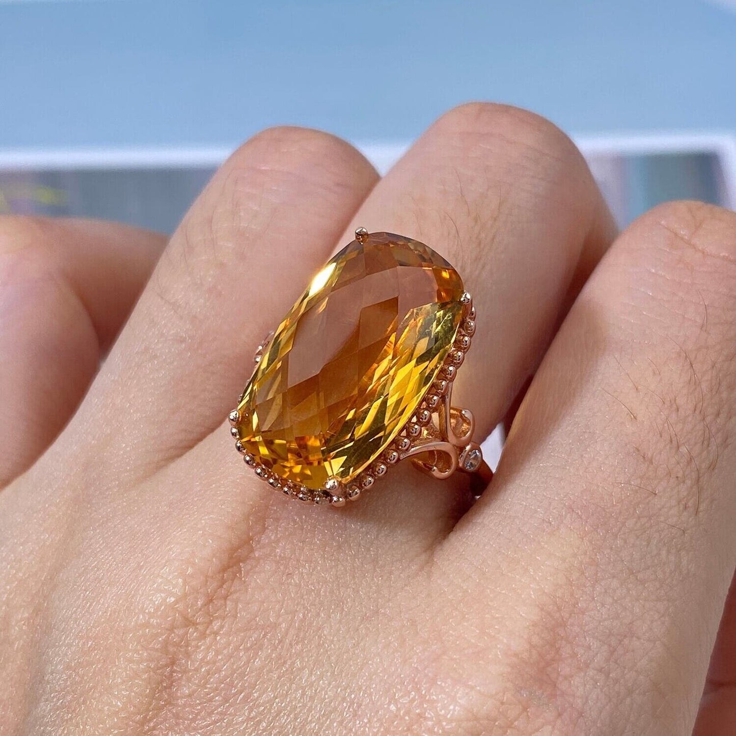 Large Citrine Gemstone Statement Ring 11.7 Carats Rose Gold