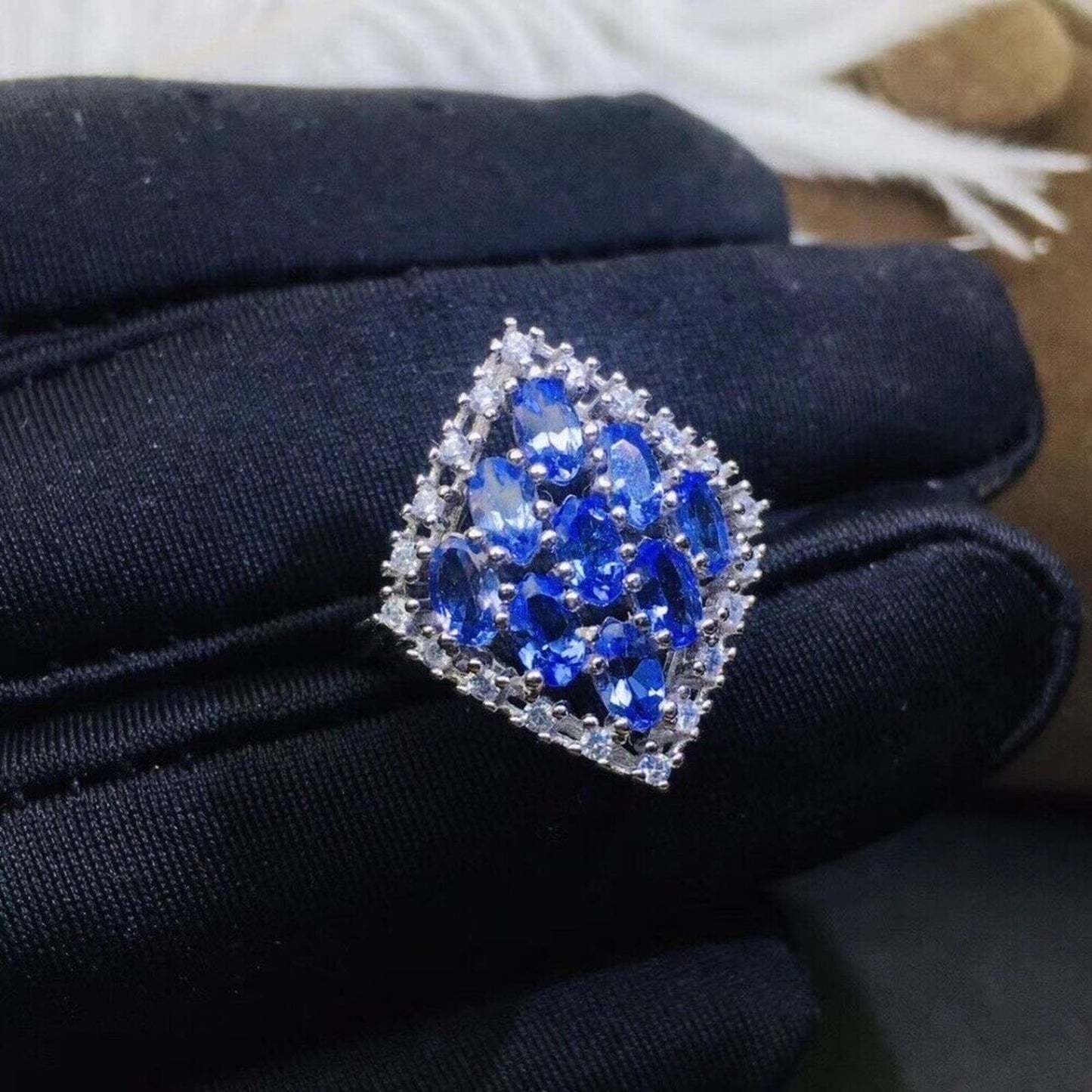 Tanzanite Diamond Shape Statement Ring VVS1 Platinum Plated