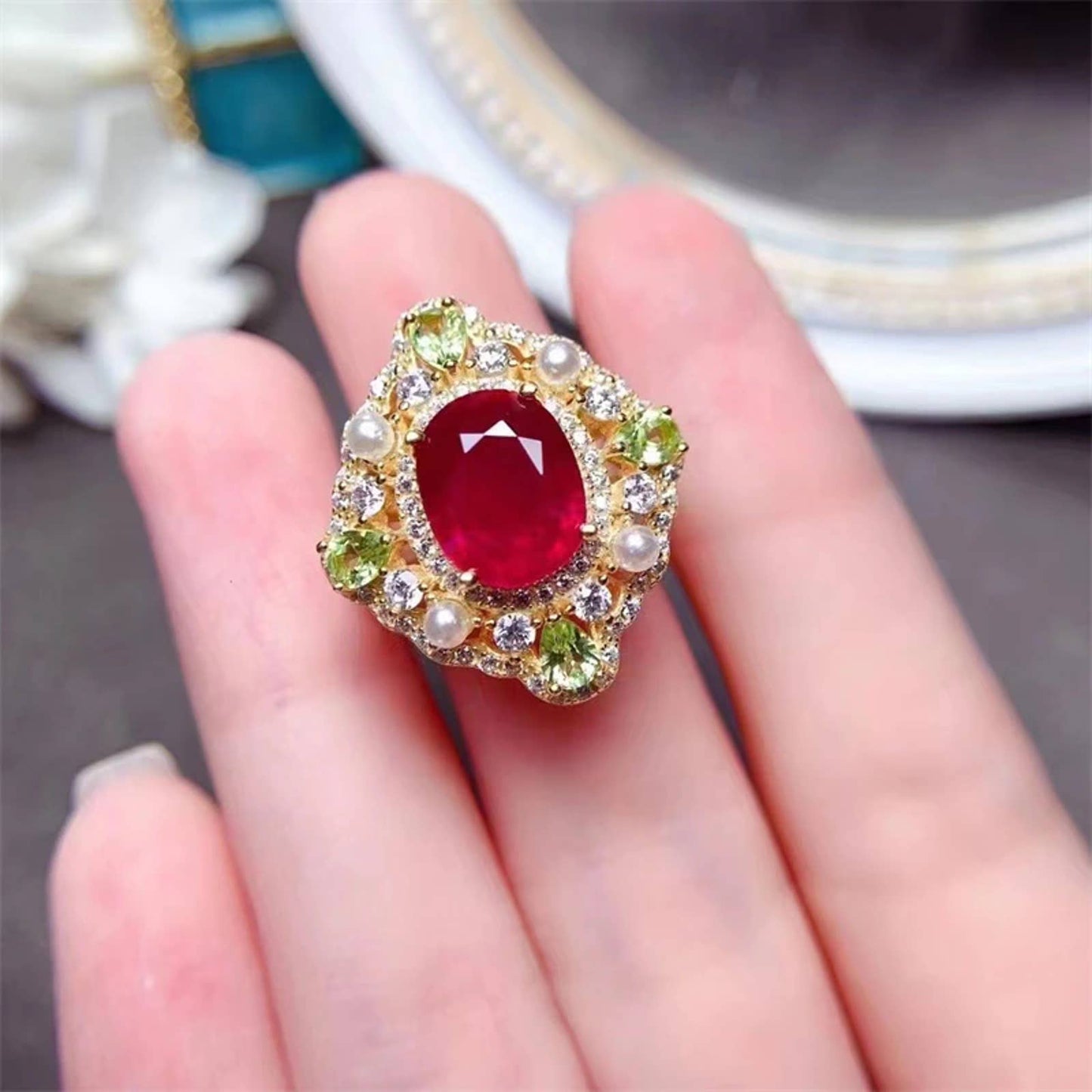 Ruby and Peridot Vintage Ring, Women's Vintage Ruby Ruby Ring, Sterling Silver