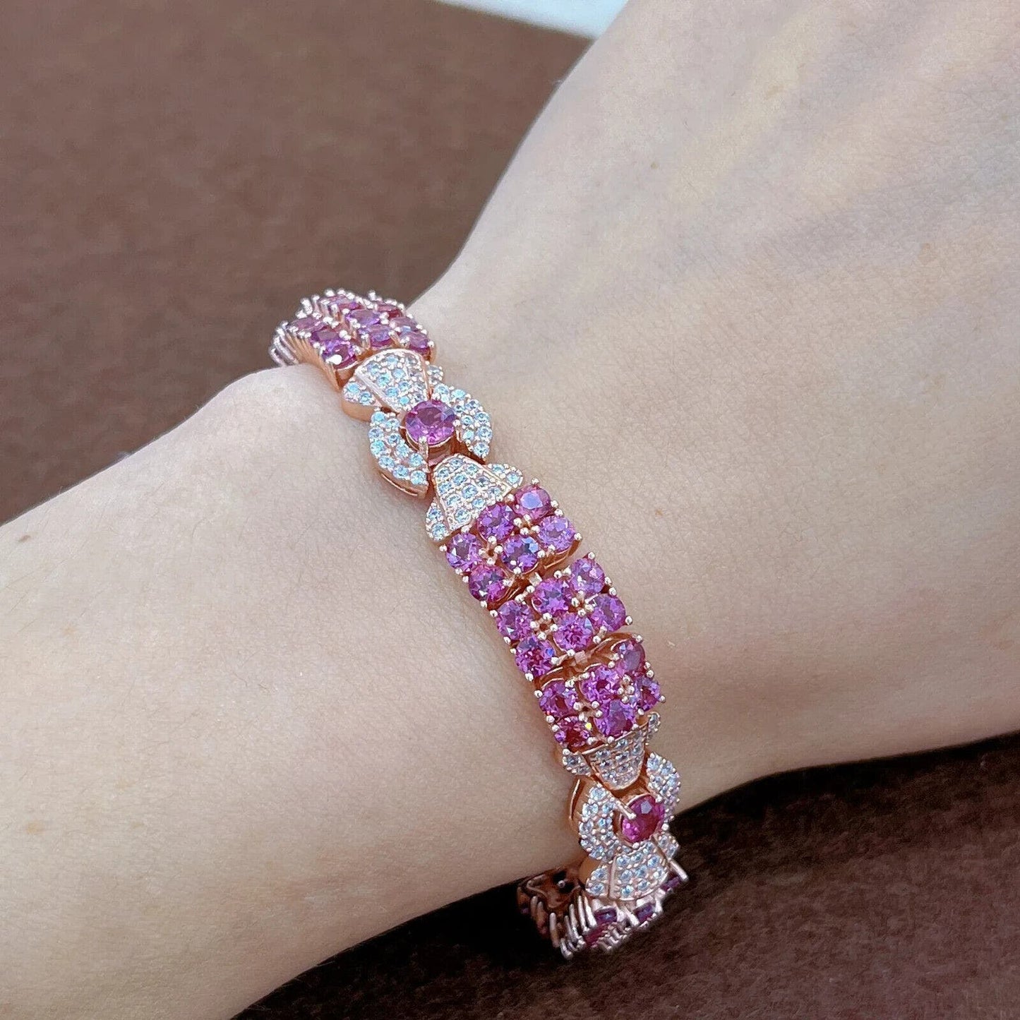 Pink Garnet Candy Themed Wide Tennis Bracelet Rose Gold