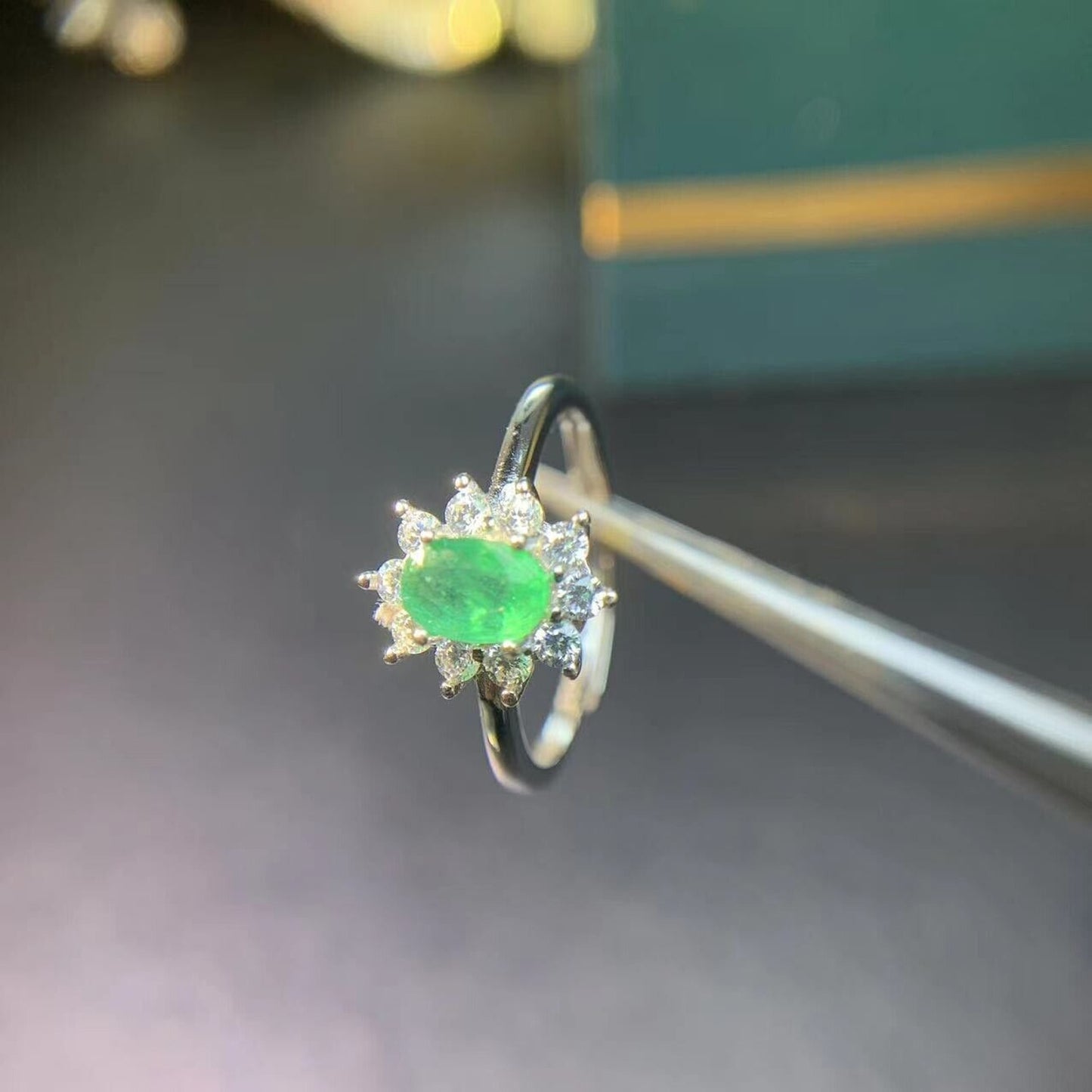 Emerald Cluster Cocktail Ring 4x6mm Sterling Silver