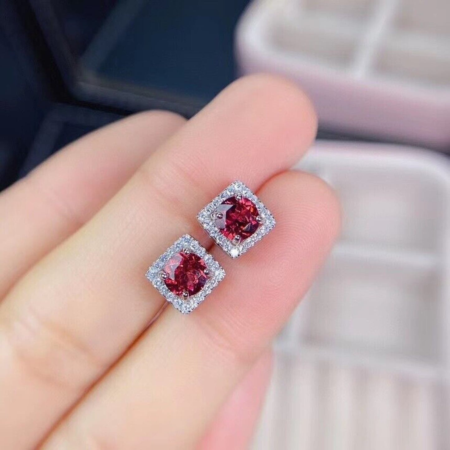 Red Garnet Stud Earrings 5mm Platinum Plated