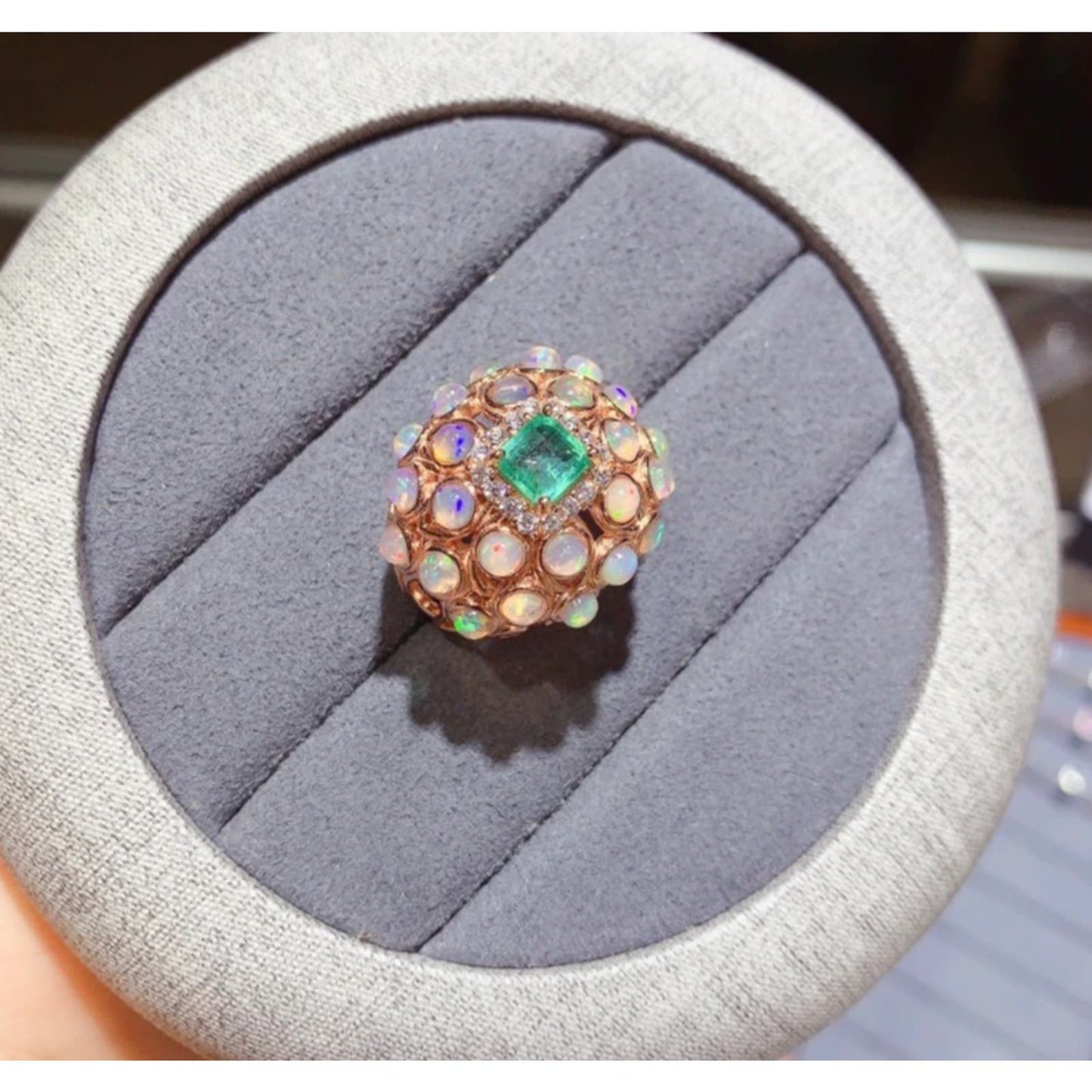 Fire Opal and Colombian Emerald Gemstone Statement Ring