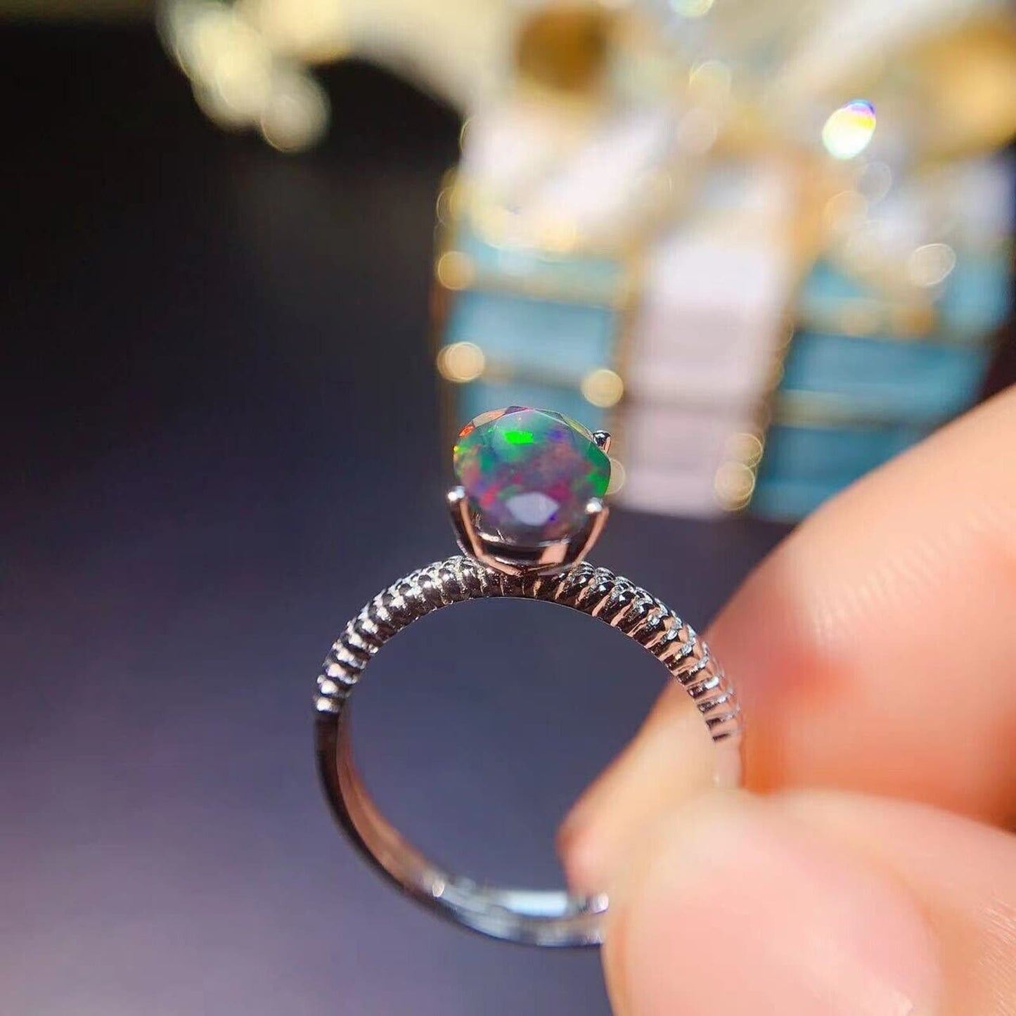 Colorful Black Opal Cocktail Ring 6x8m Sterling Silver