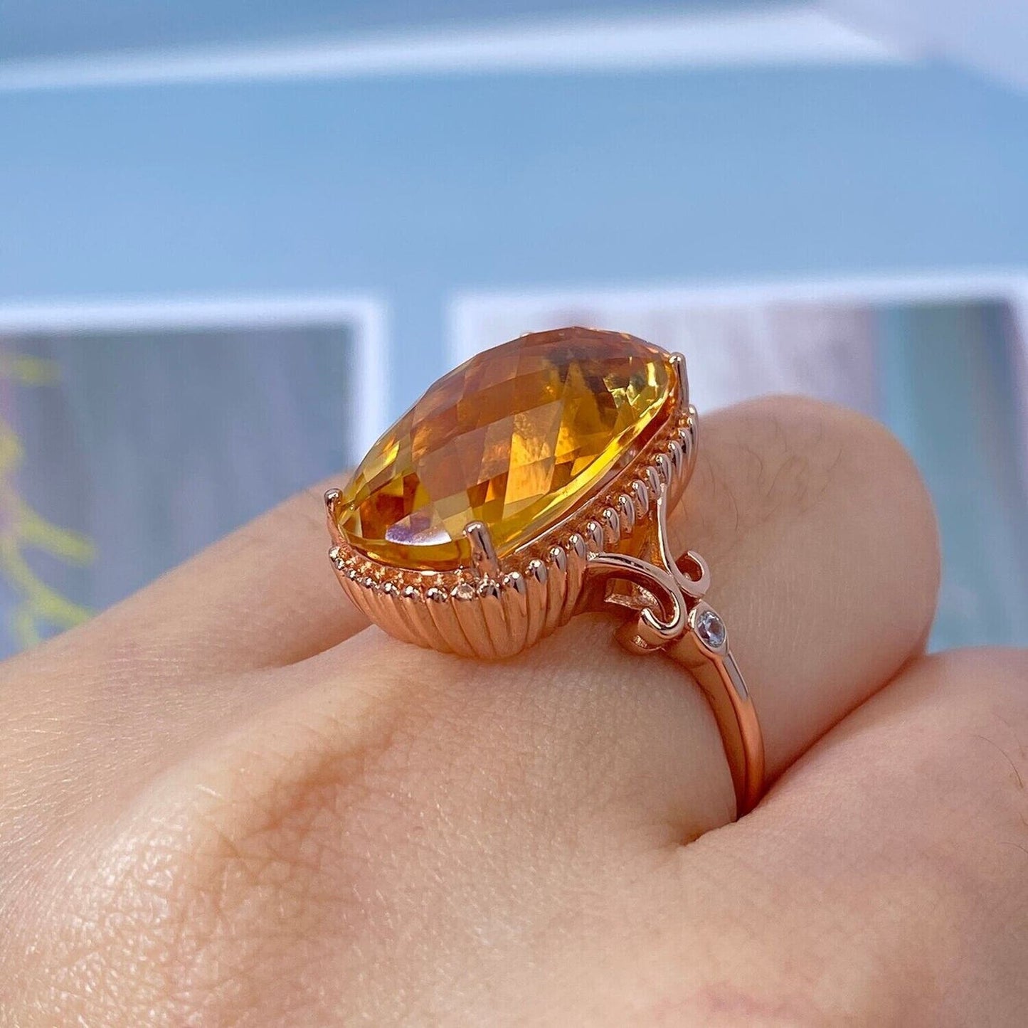 Large Citrine Gemstone Statement Ring 11.7 Carats Rose Gold