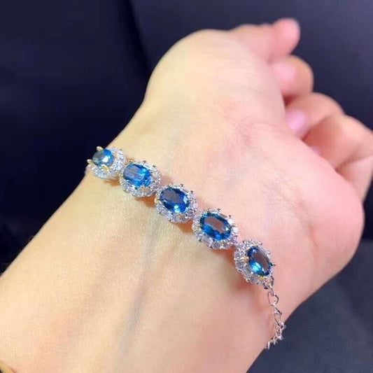 London Blue Topaz Chain Bracelet, Natural London Blue Topaz Adjustable Bracelet