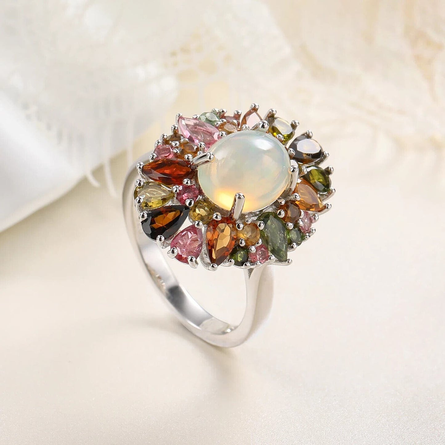 Fire Opal and Multicolor Tourmaline Statement Ring