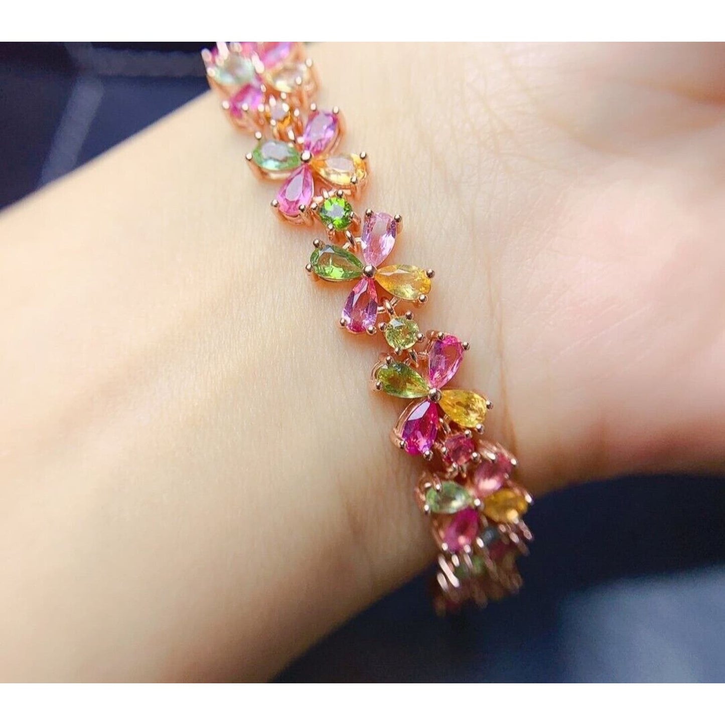 Natural Tourmaline Flower Bracelet 925 Sterling Silver