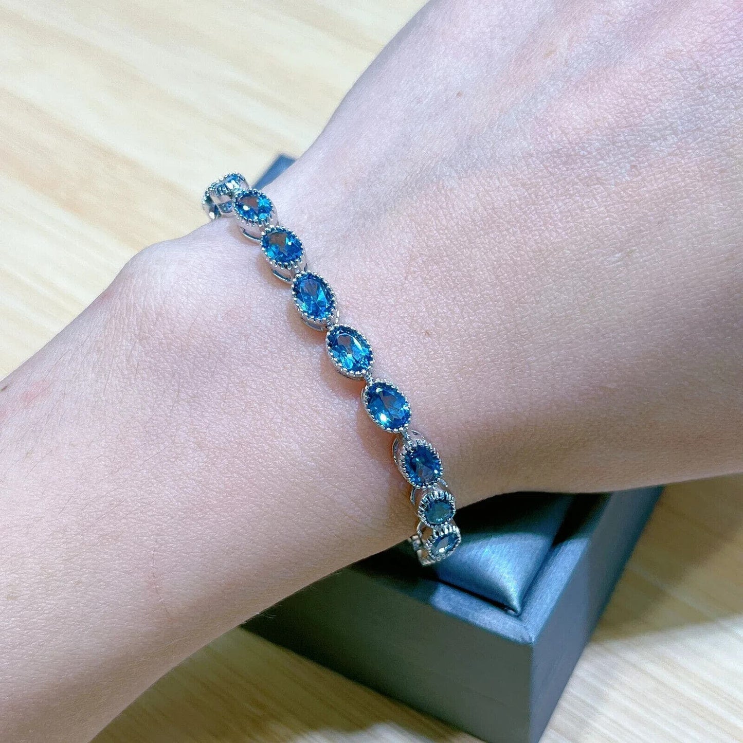 London Blue Topaz Gemstone Tennis Bracelet 4x6mm