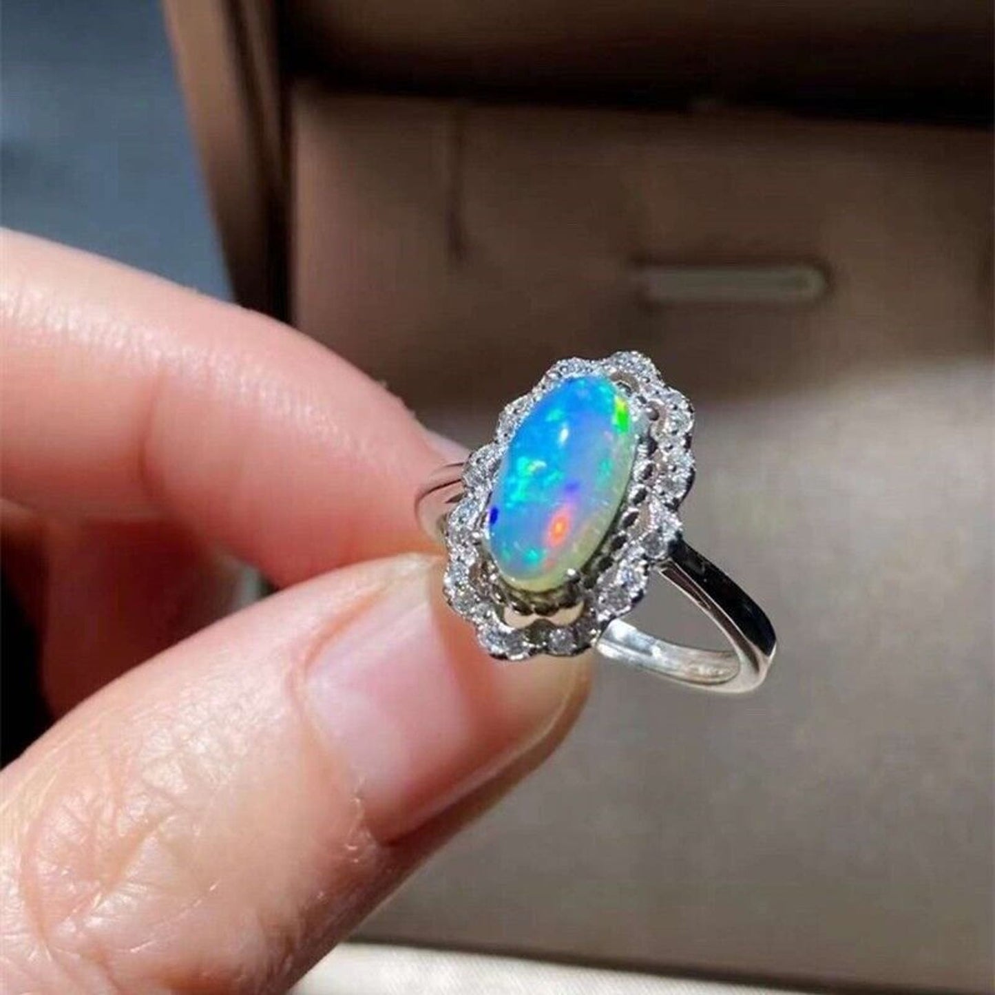 Australian Fire Opal Statement Ring 5x10mm Sterling Silver