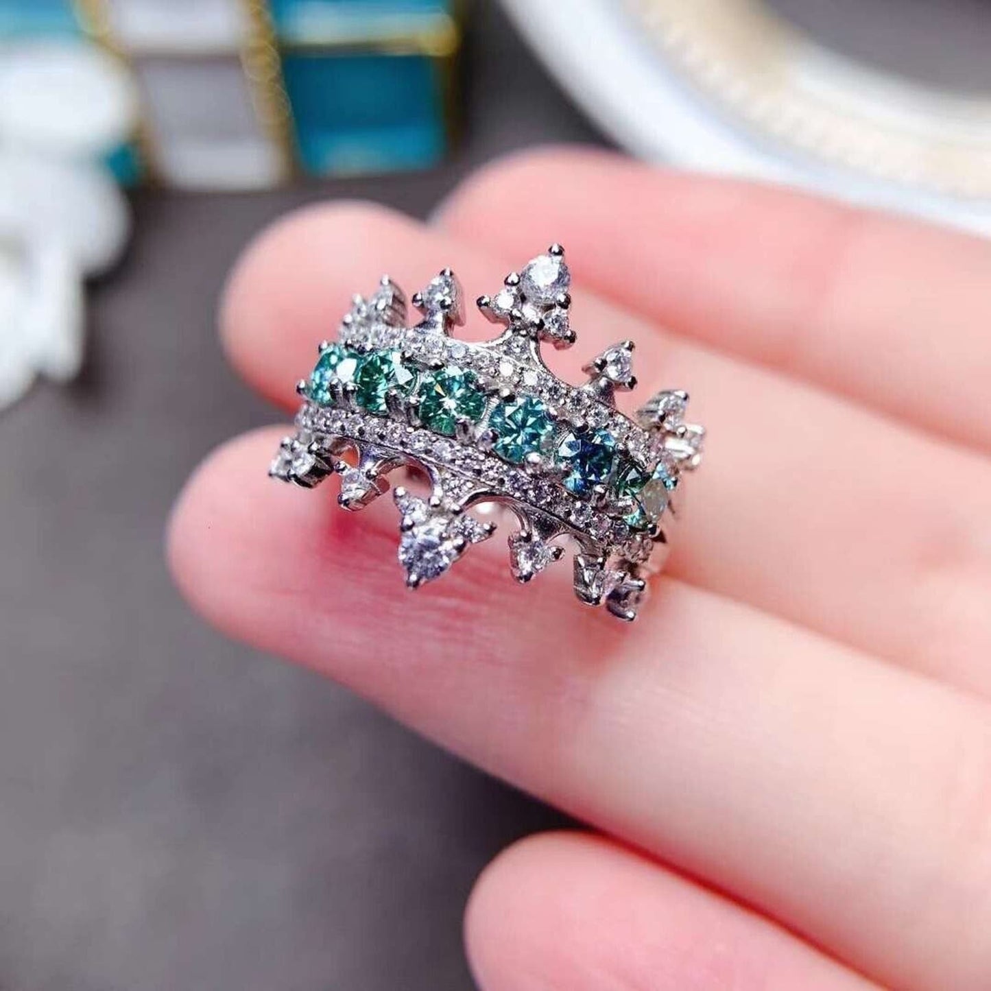 Princess Statement Ring Green Moissanite Crown Ring 3mm