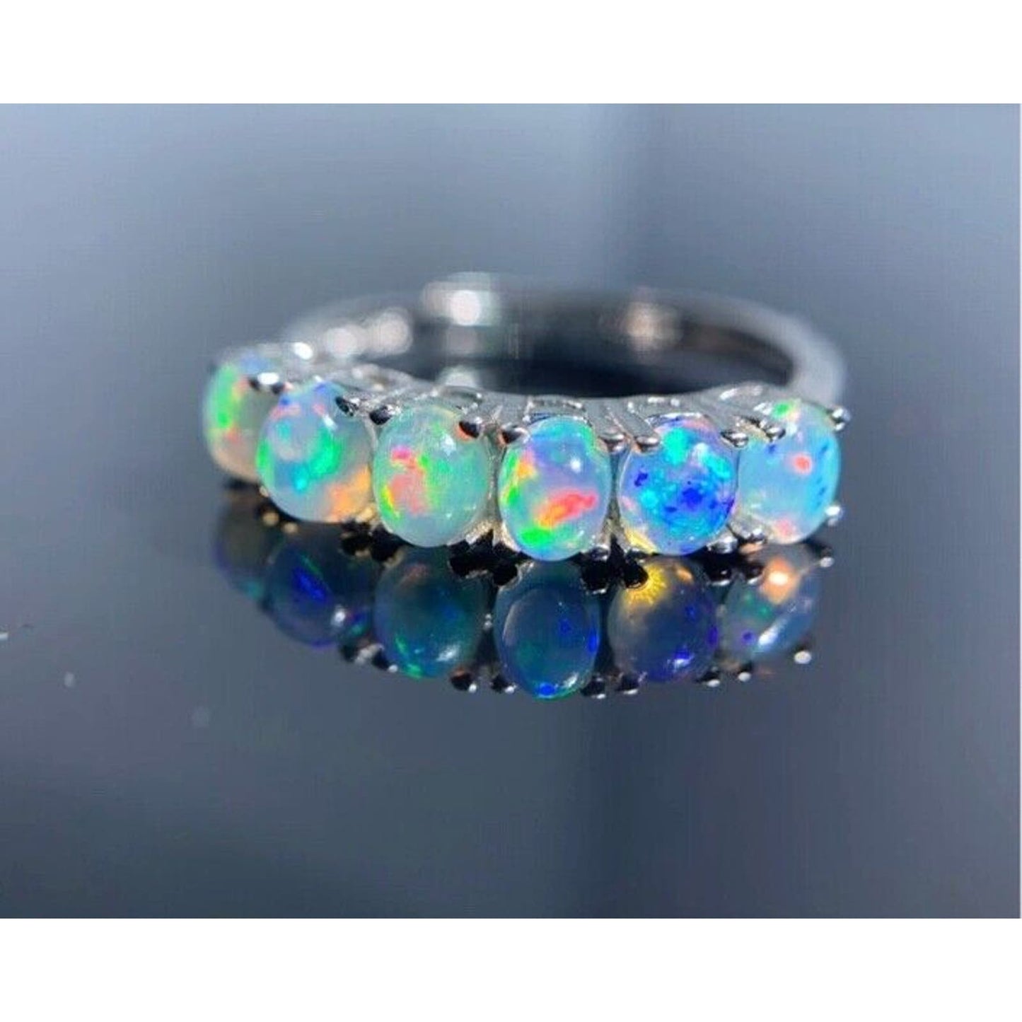 Australian Opal Band Ring 3x4mm Sterling Silver