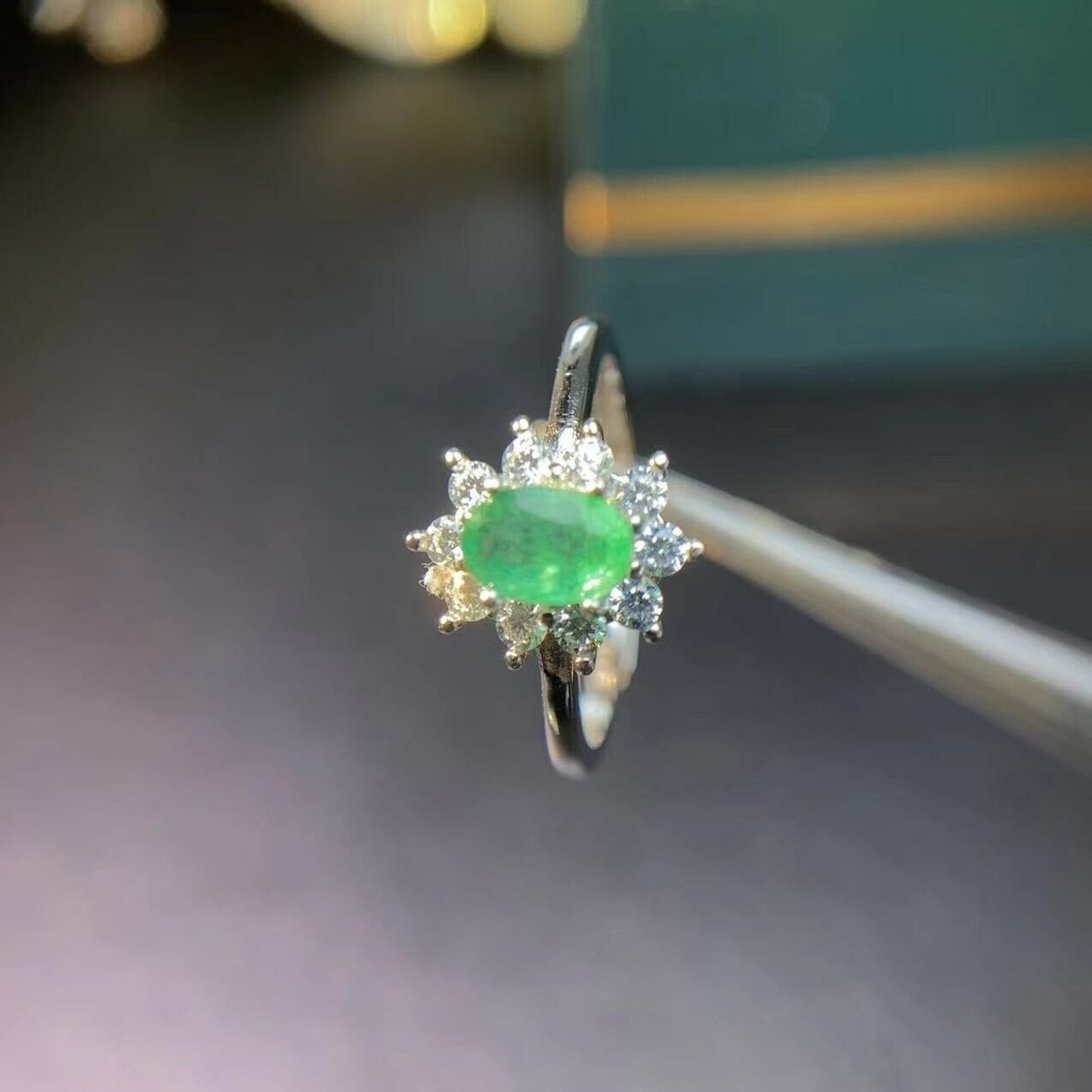 Emerald Cluster Cocktail Ring 4x6mm Sterling Silver