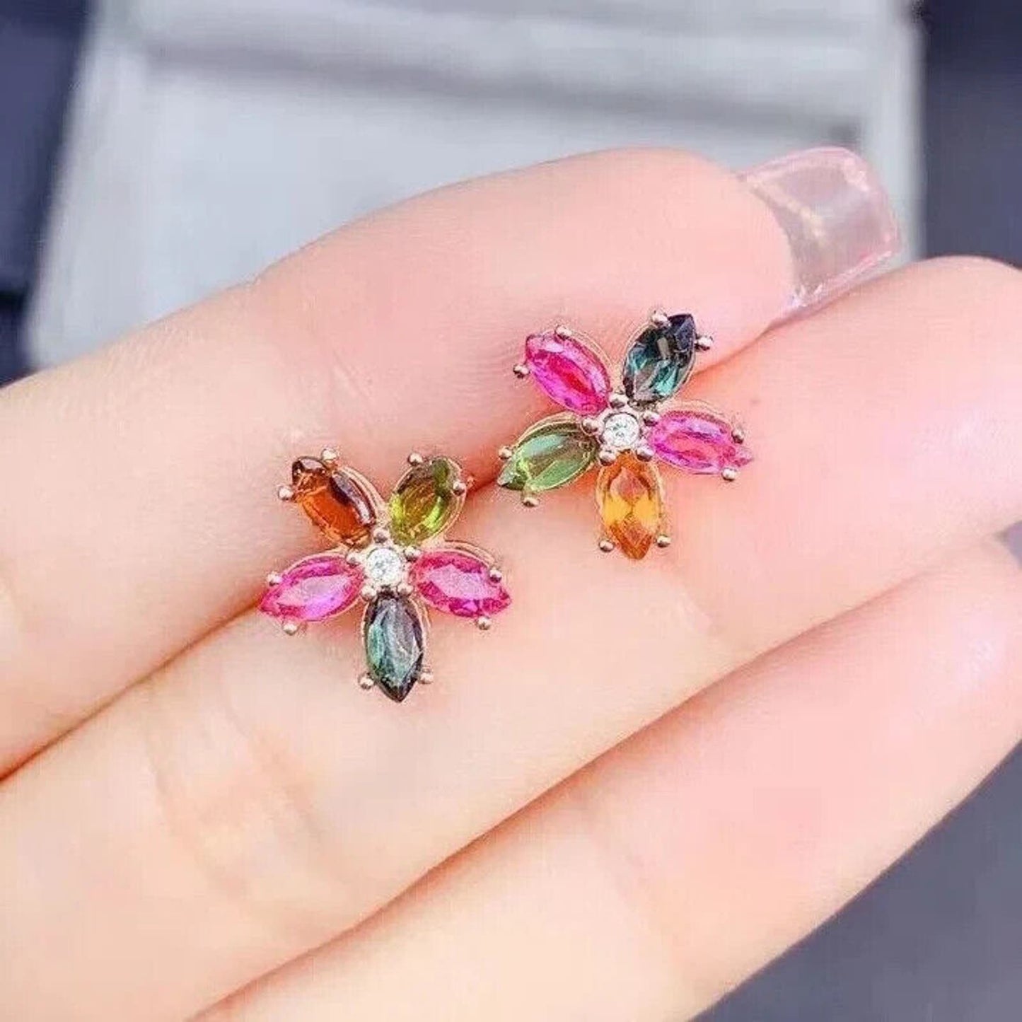 Dainty Tourmaline Flower Stud Earrings