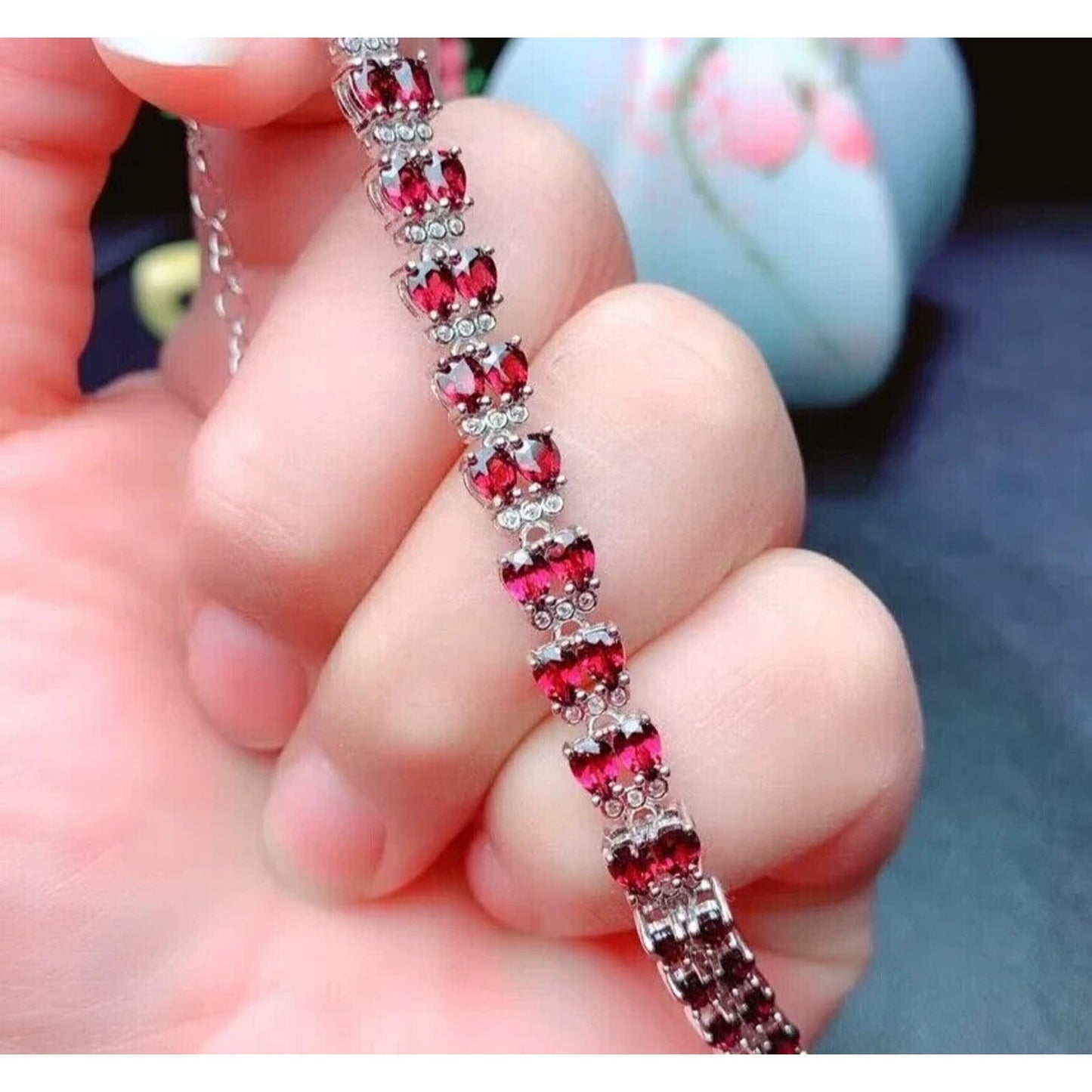 Red Garnet Double Layer Tennis Bracelet 3x4mm Platinum Plated