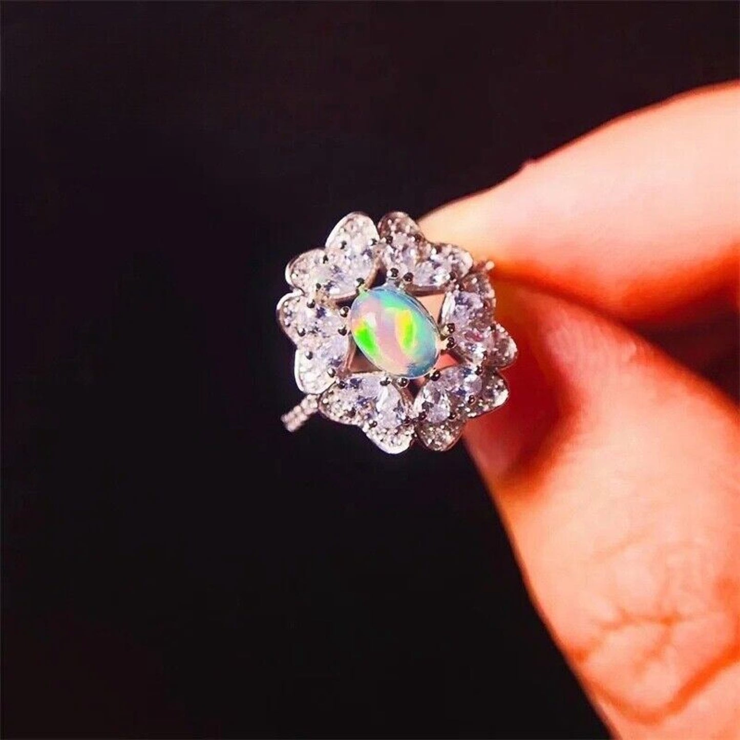 White Fire Opal Cluster Statement Ring 5x7mm