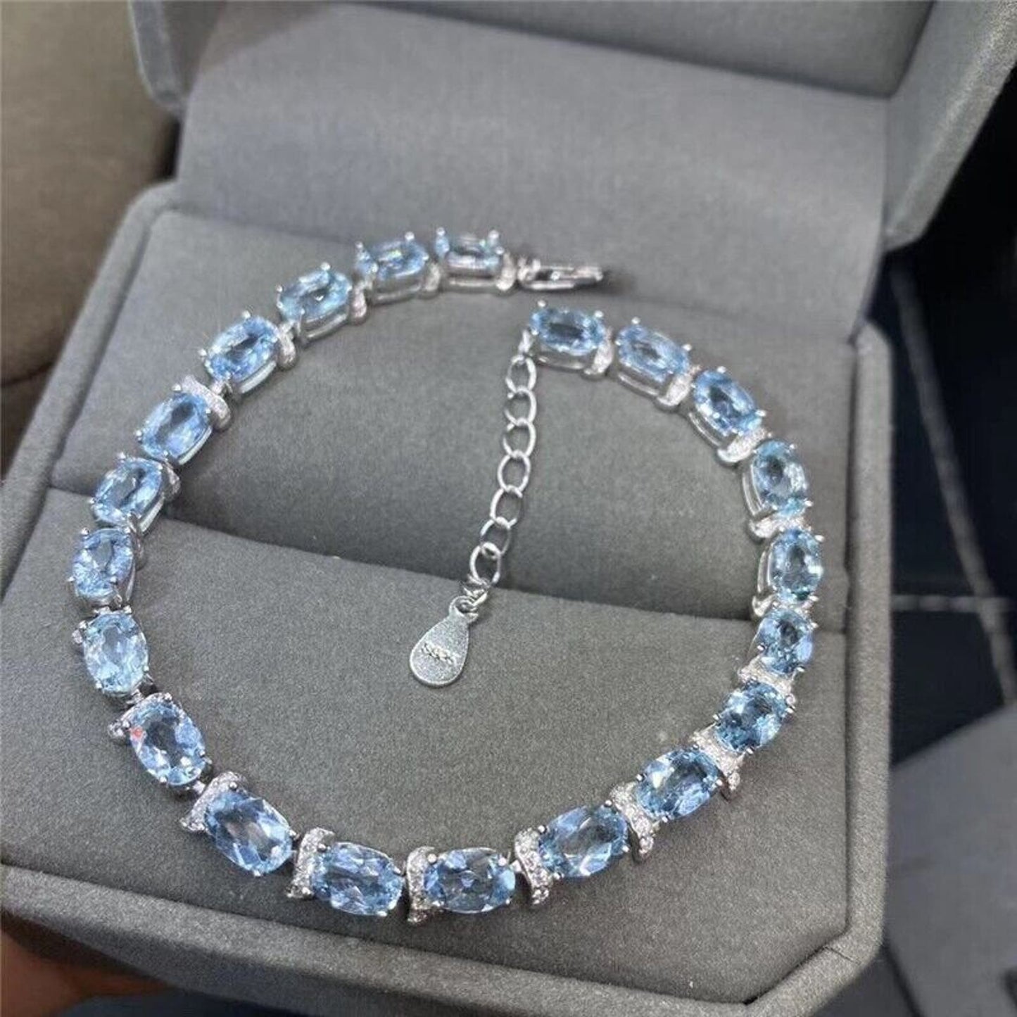 Natural Aquamarine Tennis Bracelet 4x6mm Sterling Silver