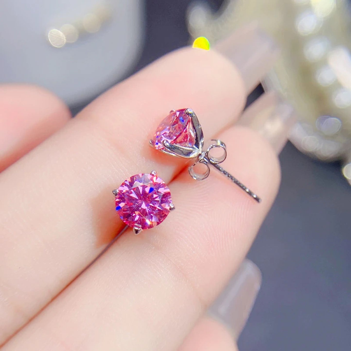 Pink Moissanite Stud Earrings, Women's VVS1 1 Carat Pink Moissanite Earrings