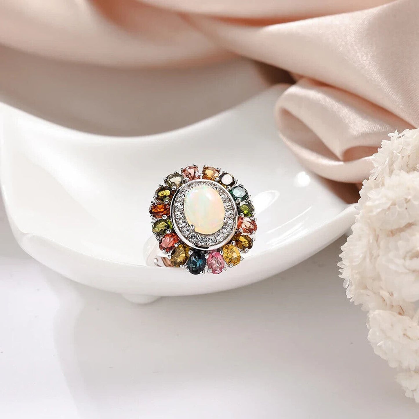 Fire Opal and Tourmaline Gemstone Cluster Ring Sterling Silver