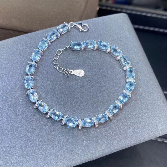 Natural Aquamarine Tennis Bracelet 4x6mm Sterling Silver