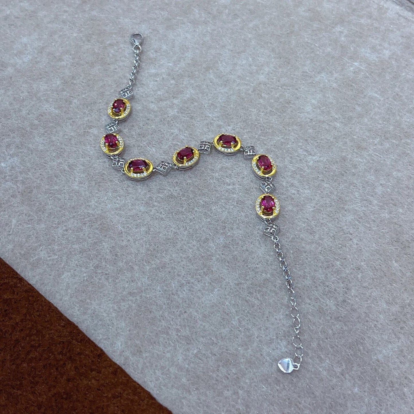 Pink Garnet Two Tone Metal Chain Bracelet 4x6mm