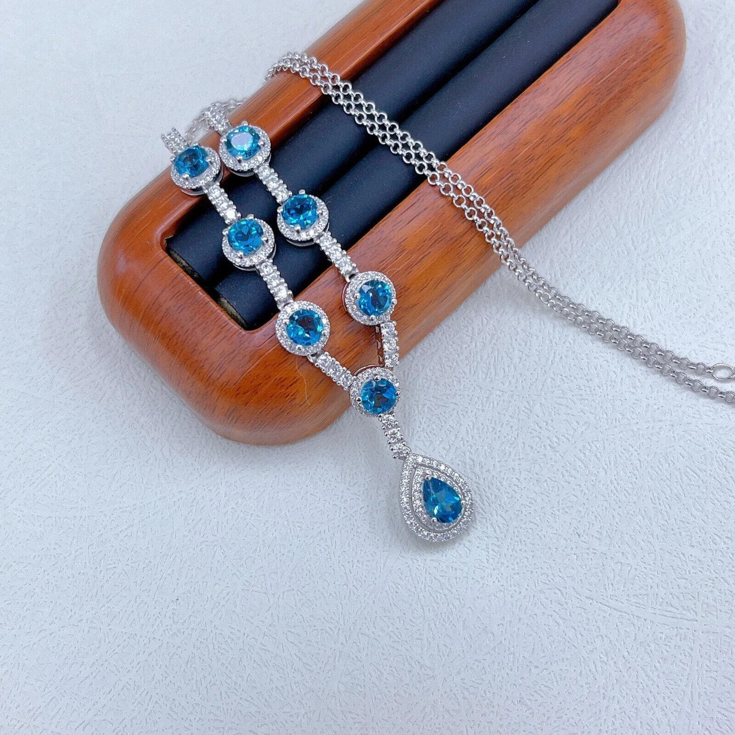 London Blue Topaz Gemstone Pear Cut Pendant Tennis Necklace