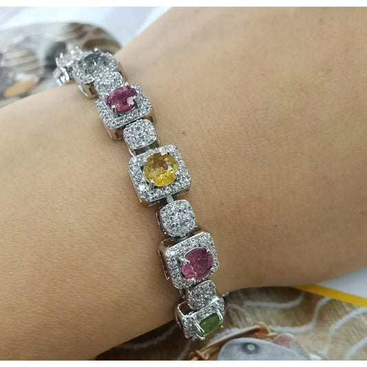 Natural Multi Color Tourmaline and CZ Tennis Bracelet