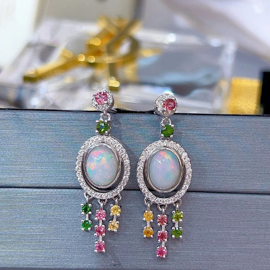 White Opal and Brazilian Tourmaline Dangle Earrings