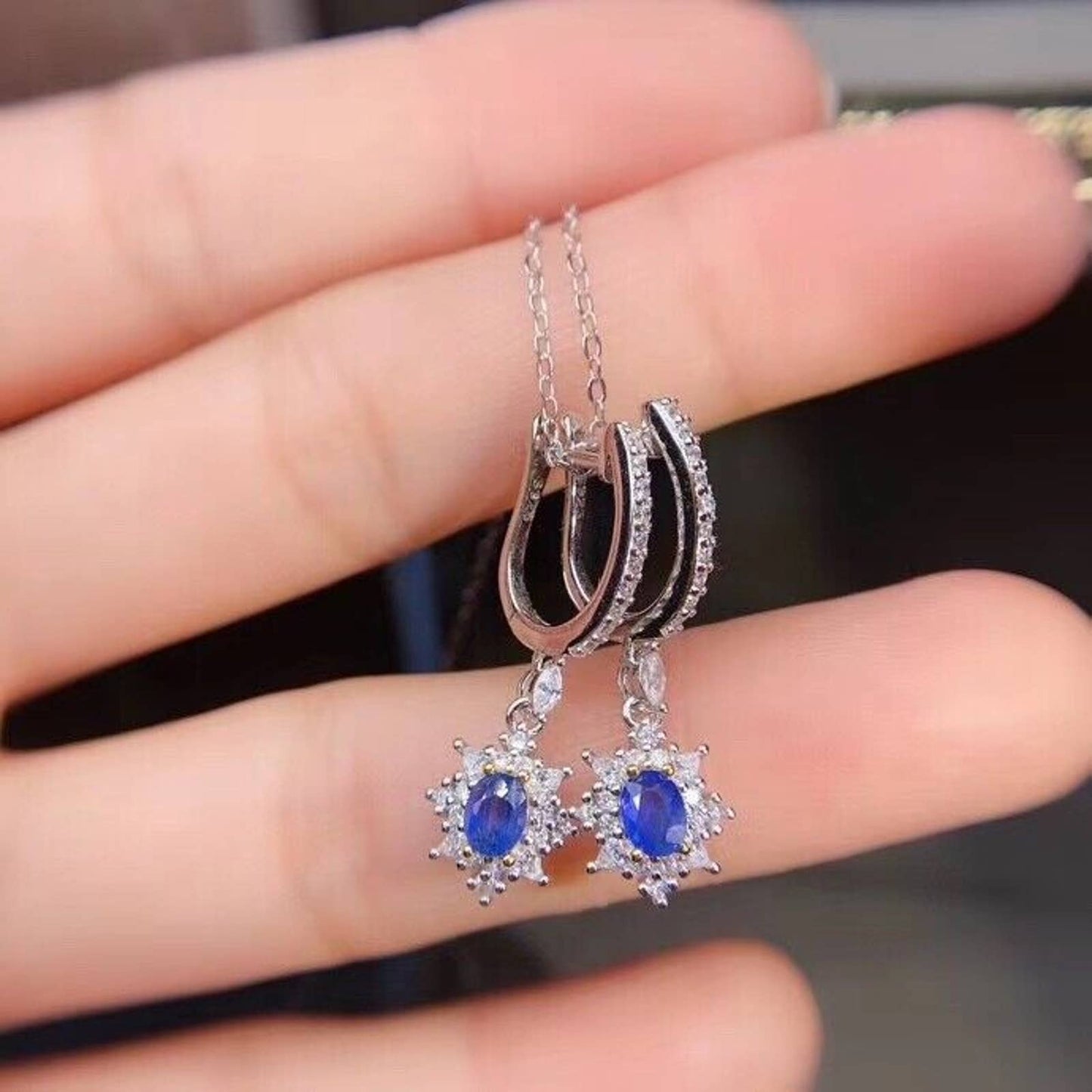 Natural Sapphire Earrings, Sapphire Dangle Earrings, Sri Lanka Sapphire Earrings