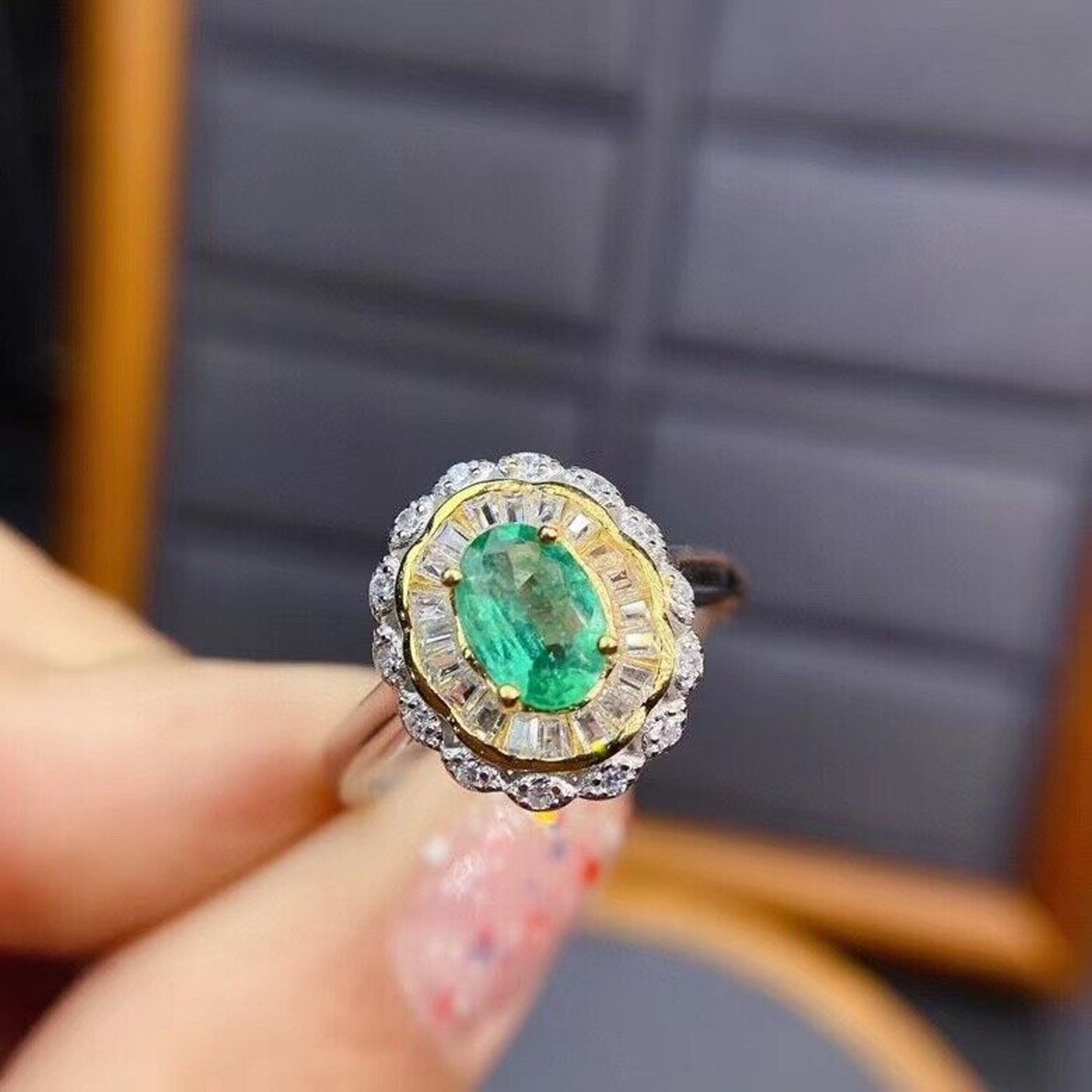 Colombian Emerald Two Tone Cocktail Ring 5x7mm