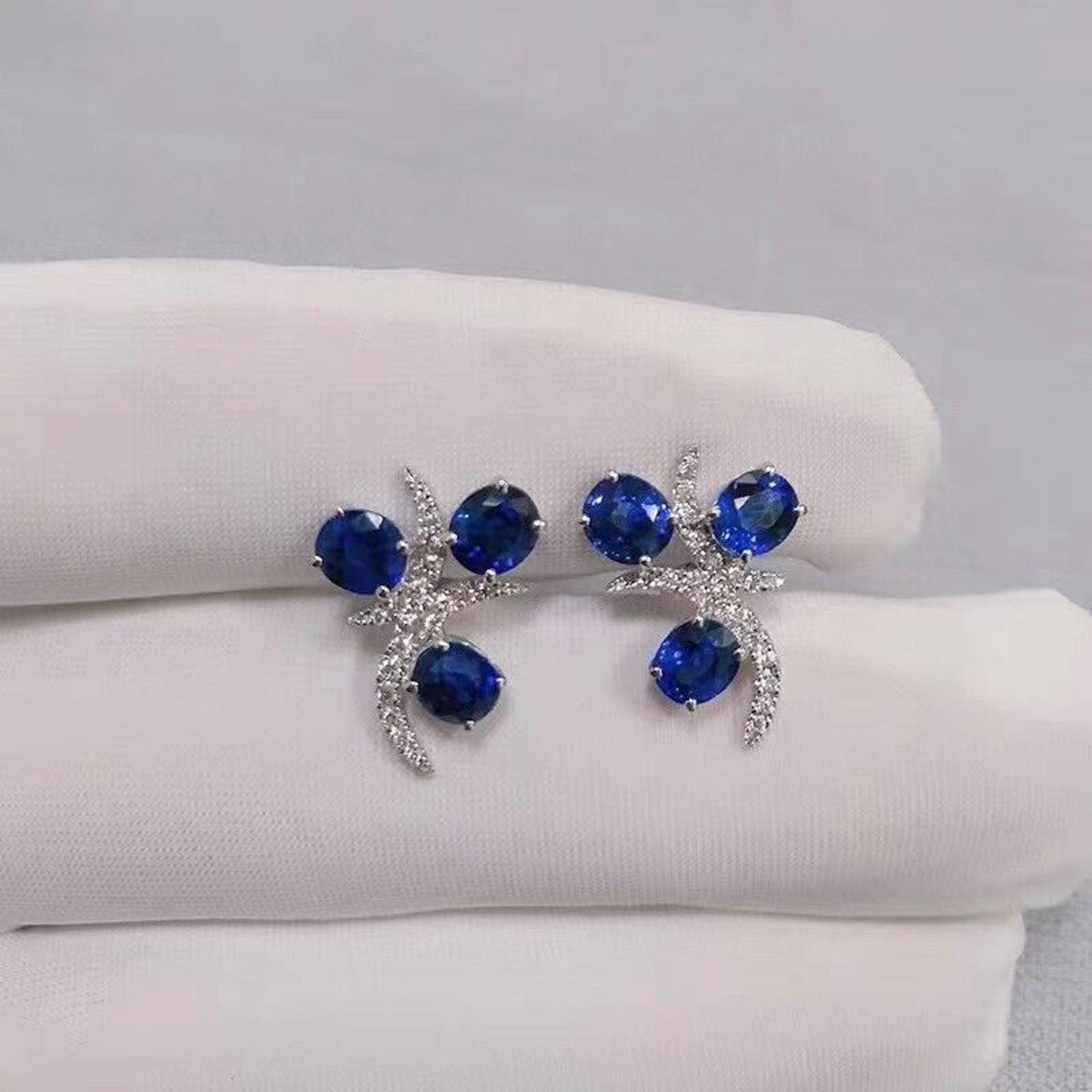 Blue Sapphire Stud Earrings, Elegant 3 Stone Sapphire Stud Earrings Sterling Silver