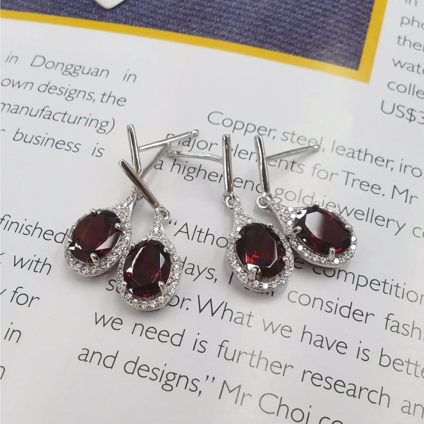 Dark Red Garnet Dangle Earrings 6x8mm Platinum Plated