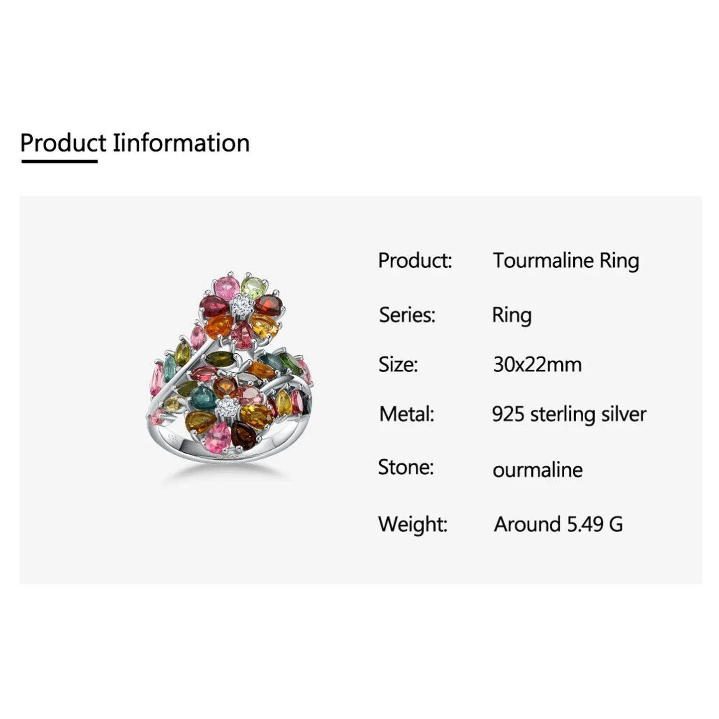 Tourmaline Gemstone Flower Ring 925 Sterling Silver