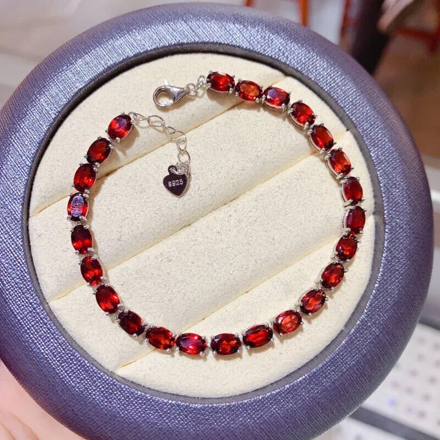 Red Garnet Tennis Bracelet 4x6mm Platinum Plated