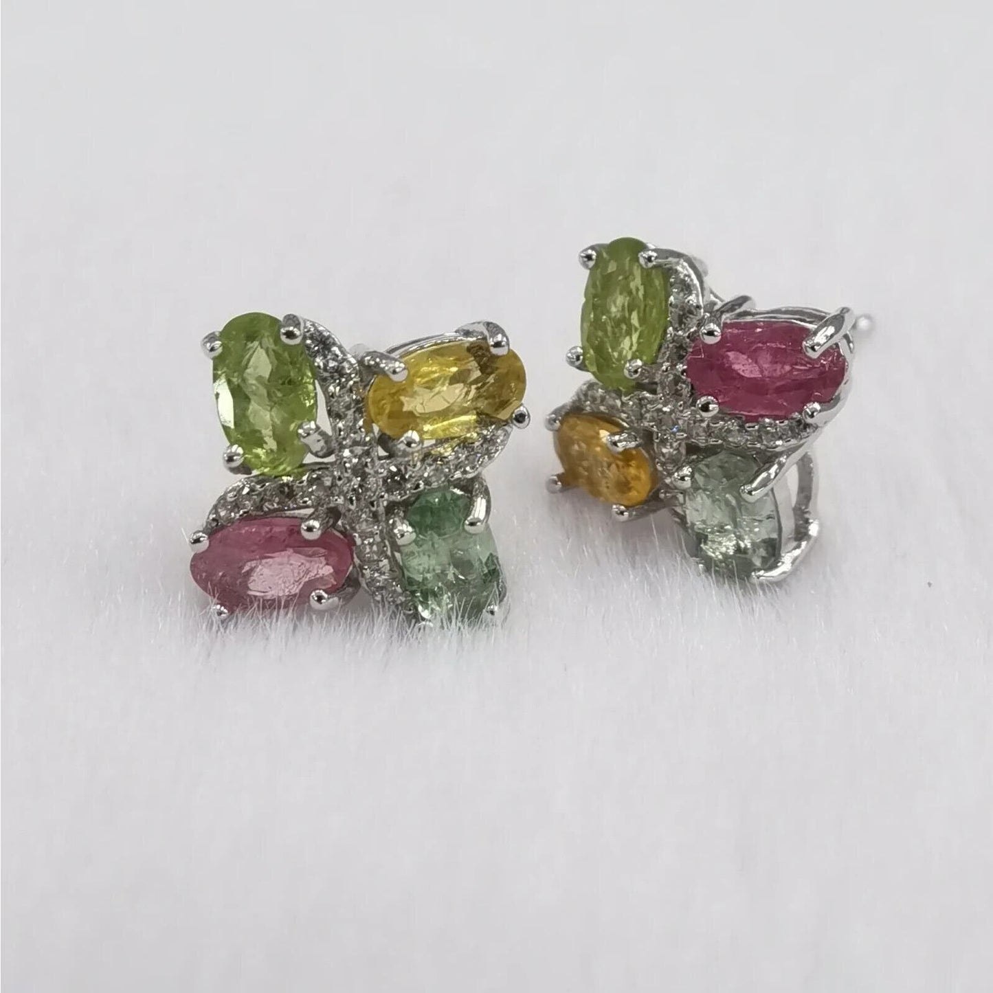 Natural Tourmaline Cluster Stud Earrings Platinum Plated