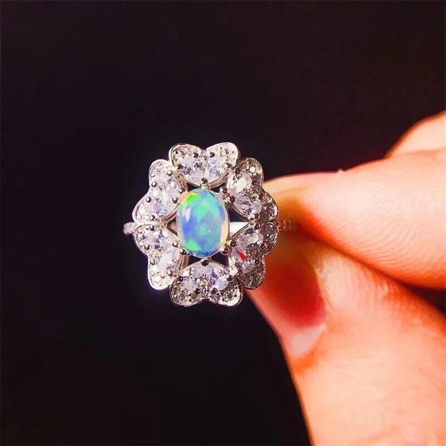 White Fire Opal Cluster Statement Ring 5x7mm