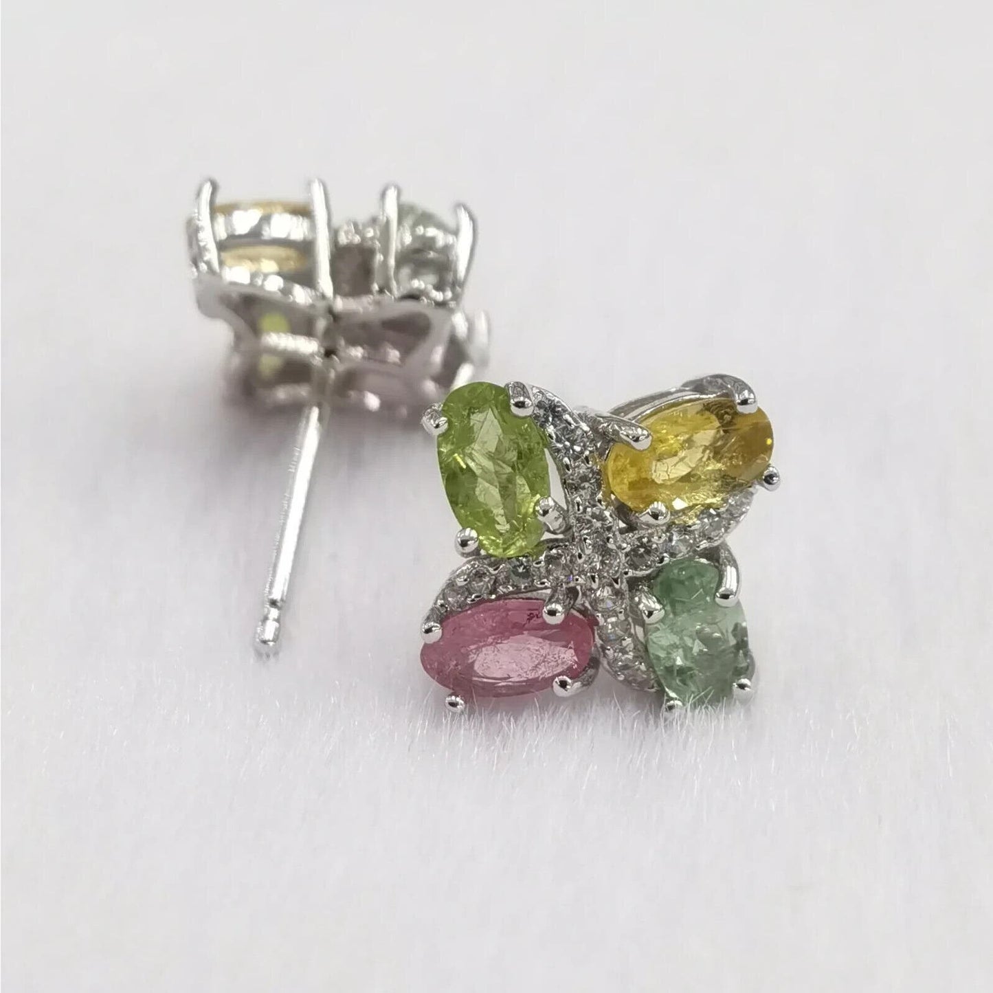 Natural Tourmaline Cluster Stud Earrings Platinum Plated