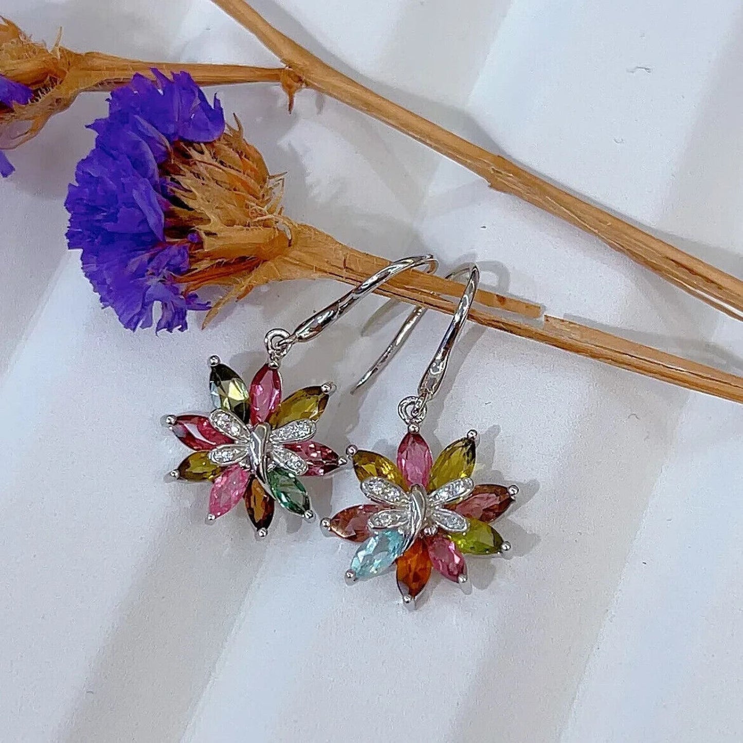 Colorful Tourmaline Flower Dangle Earrings