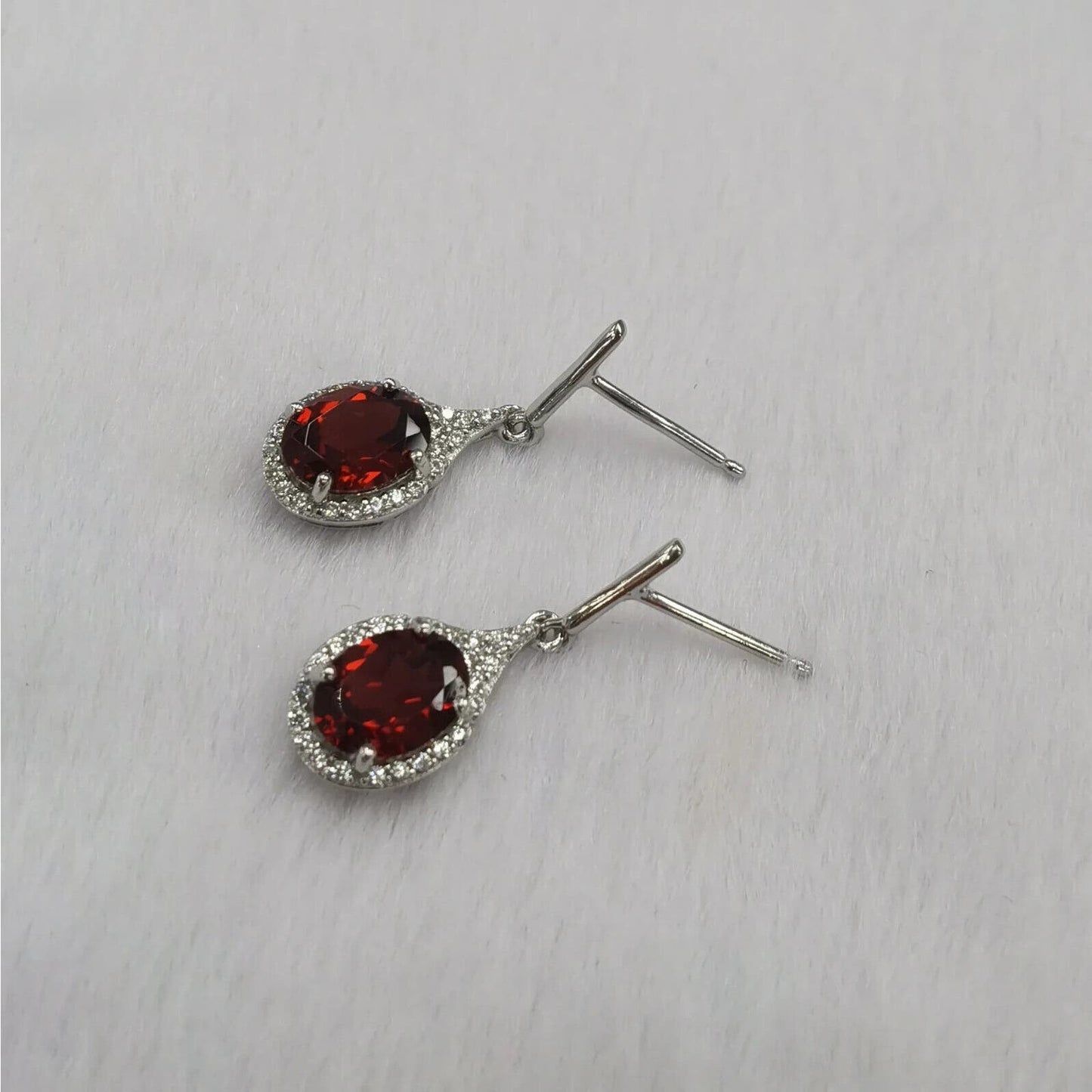 Dark Red Garnet Dangle Earrings 6x8mm Platinum Plated