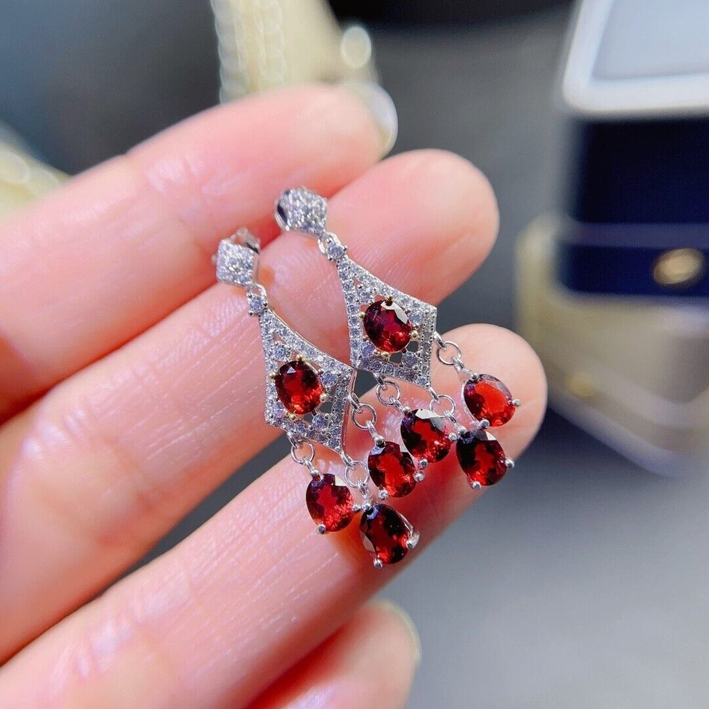 Natural Red Garnet Dangle Earrings 4x5mm Platinum Plated