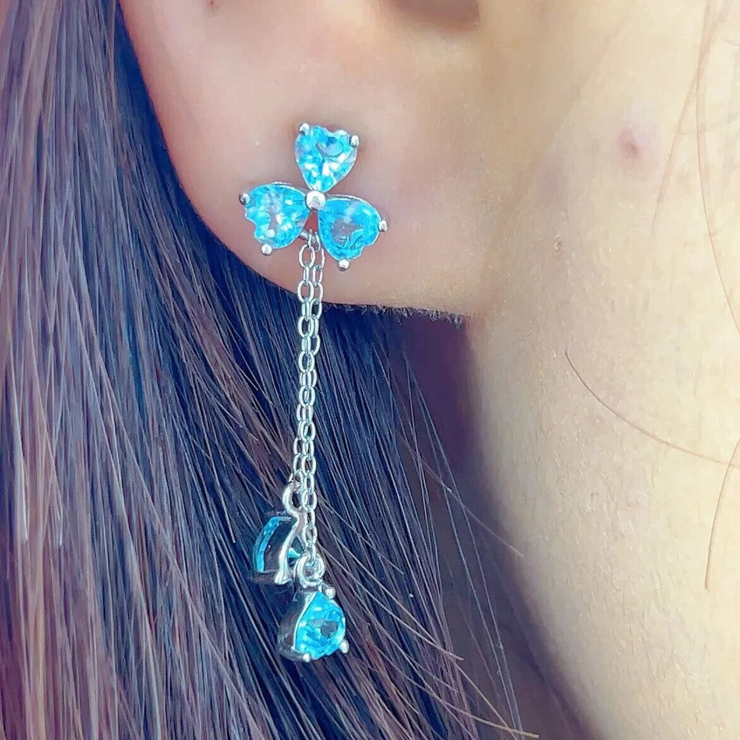 Sky Blue Topaz Clover Dangle Earrings 4mm